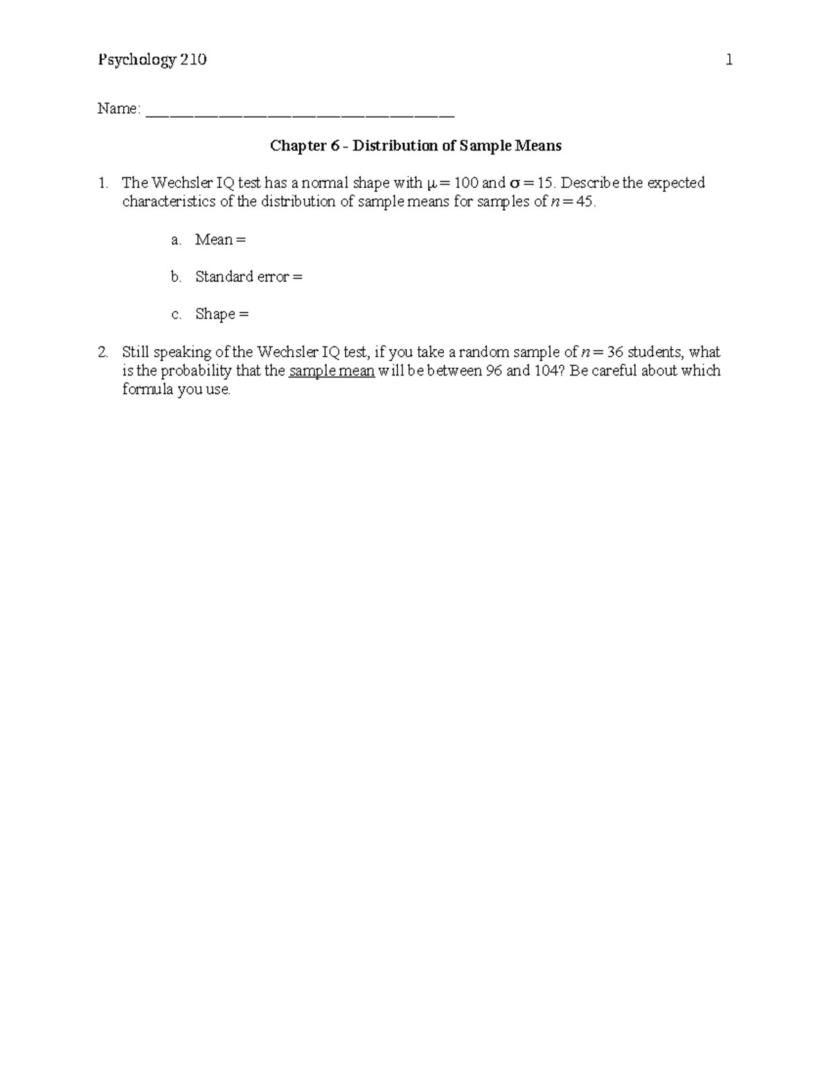 Psychology 210: Chapter 6 Study Notes on Sample Means Distribution ...