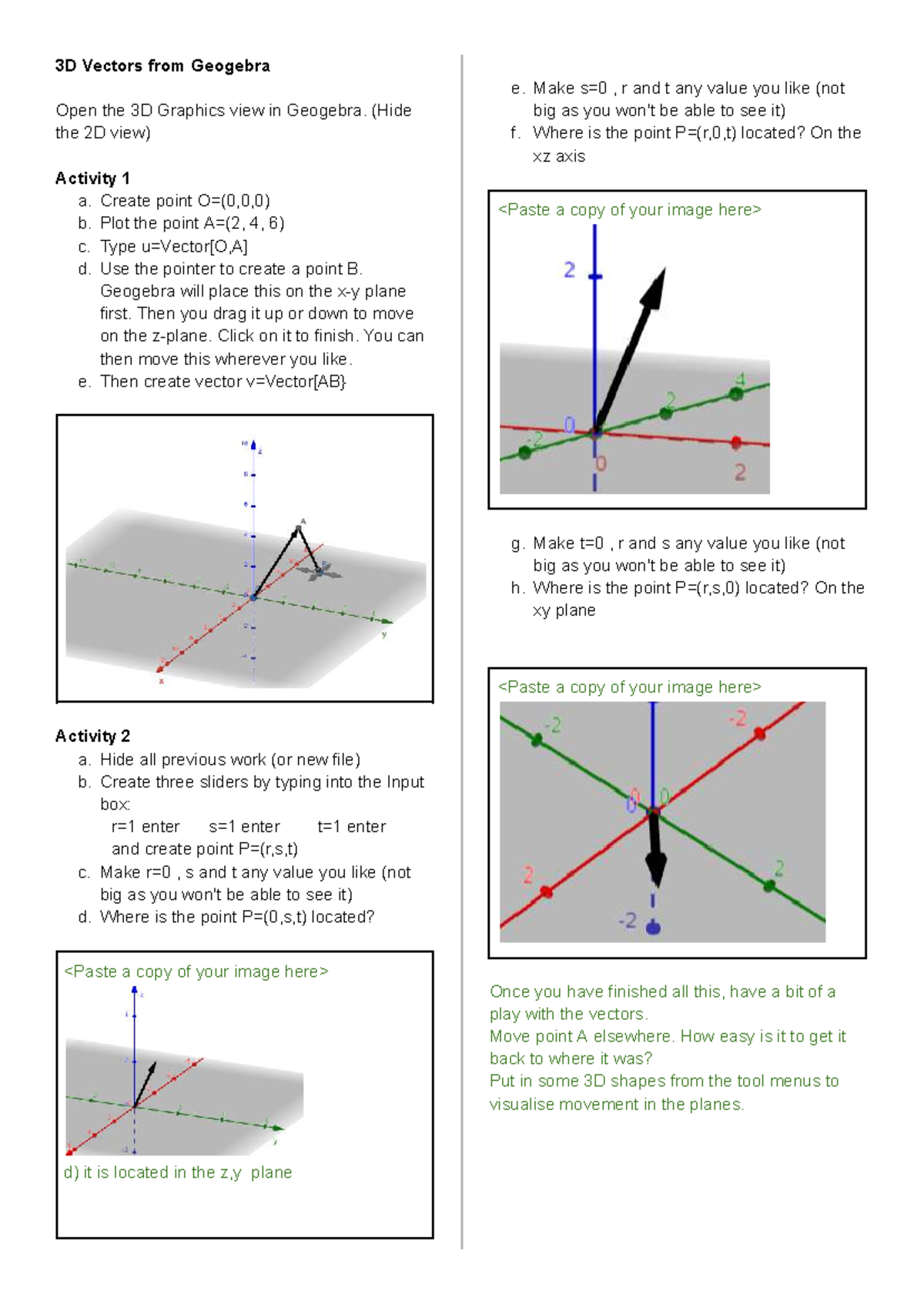 3D Vectors Activity in Geogebra: Exploring Graphics View - Studocu