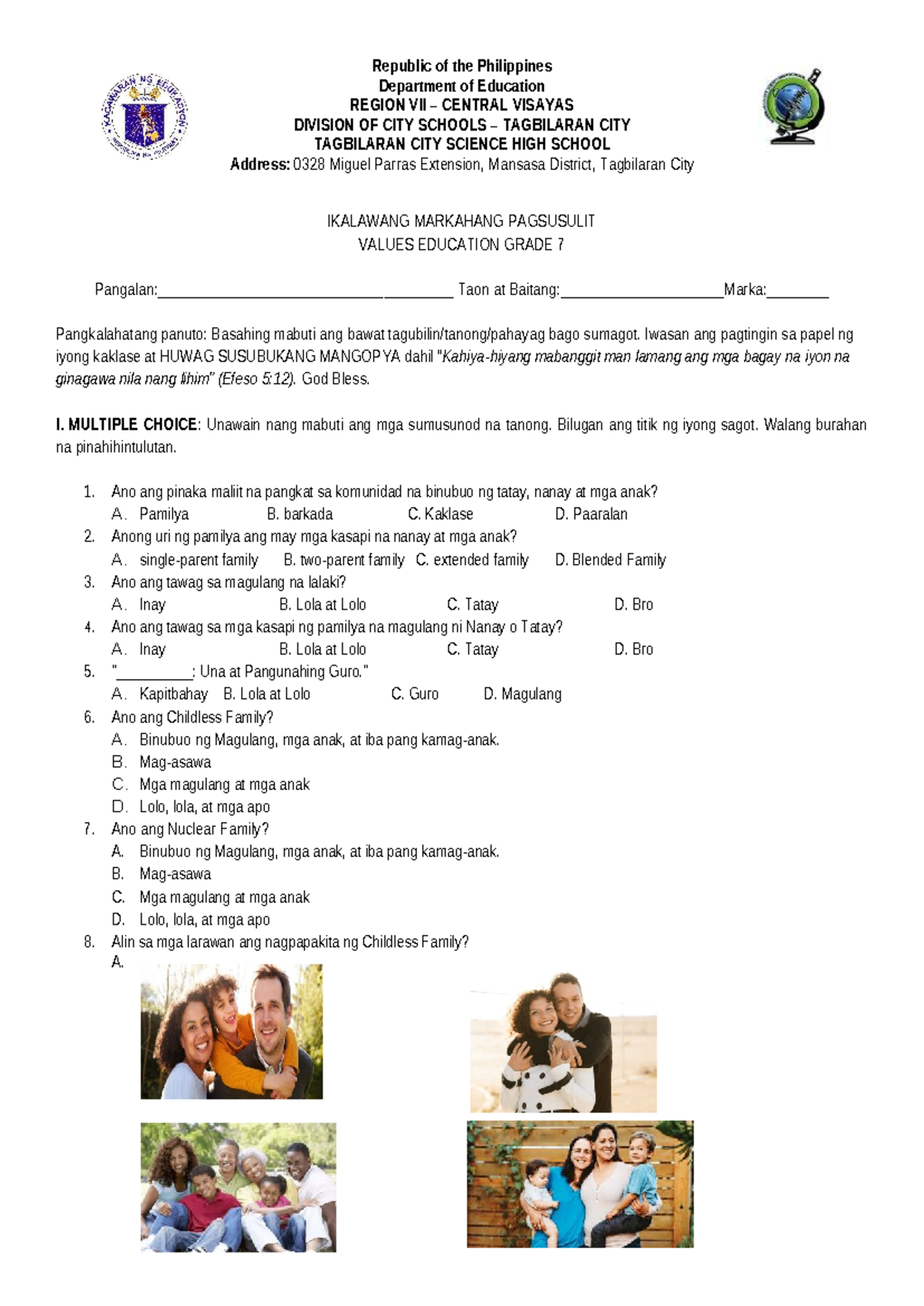 Ikalawang Markahang Pagsusulit sa Values Education G7 - Pamilya Matatag ...