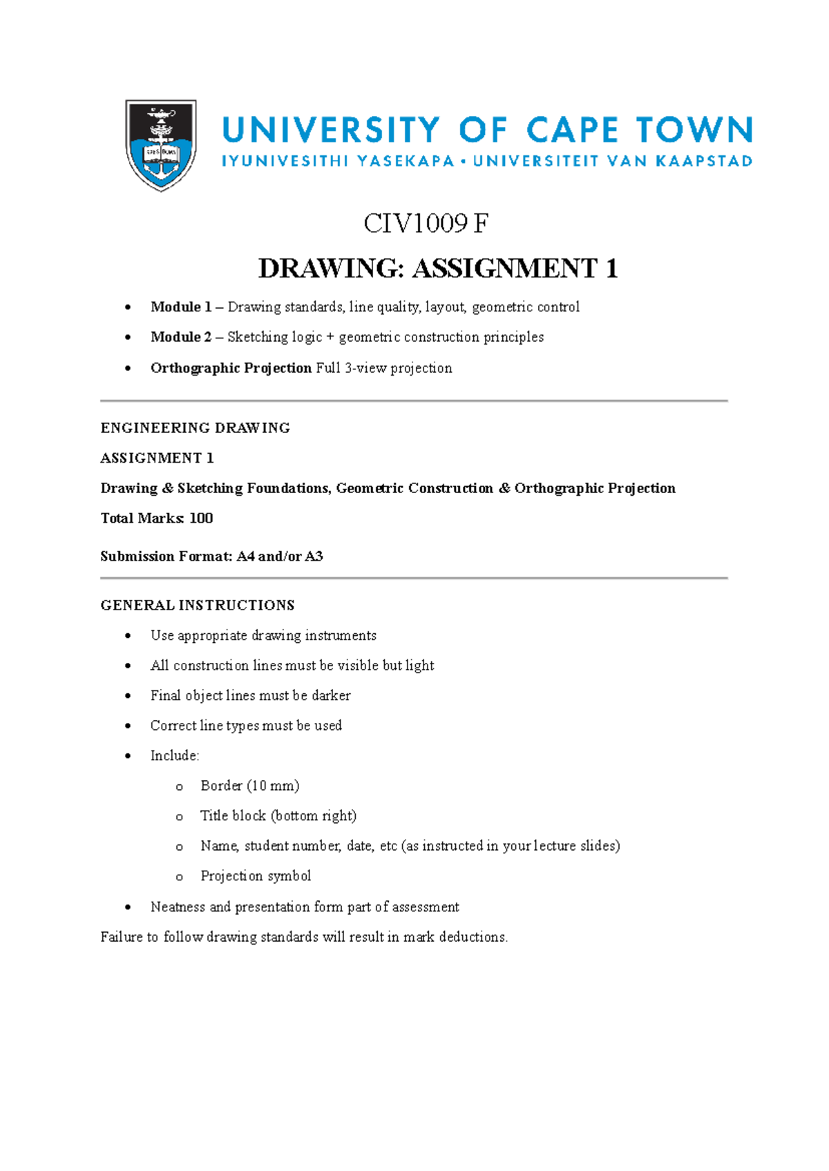 CIV1009 F DRAWING: ASSIGNMENT 1 - Drawing Standards & Projections - Studocu