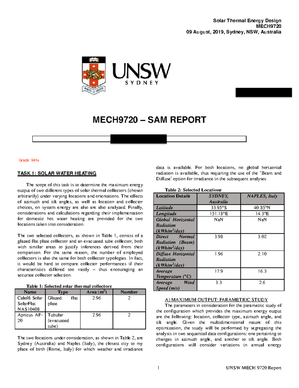 MECH9720 SAM Report - sam - Solar Thermal Energy Design MECH 09 August ...