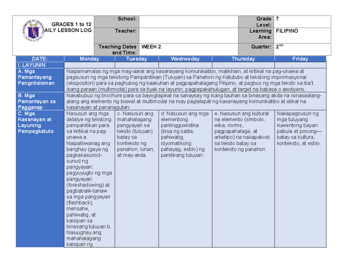 Q2 FIL7DLL WEEK 2 - Daily Lesson Log for Filipino 7 - Studocu