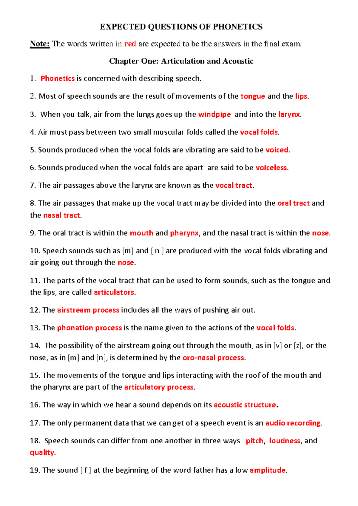 Expected Questions of Phonetics (PHON101) - Chapter 1: Articulation ...