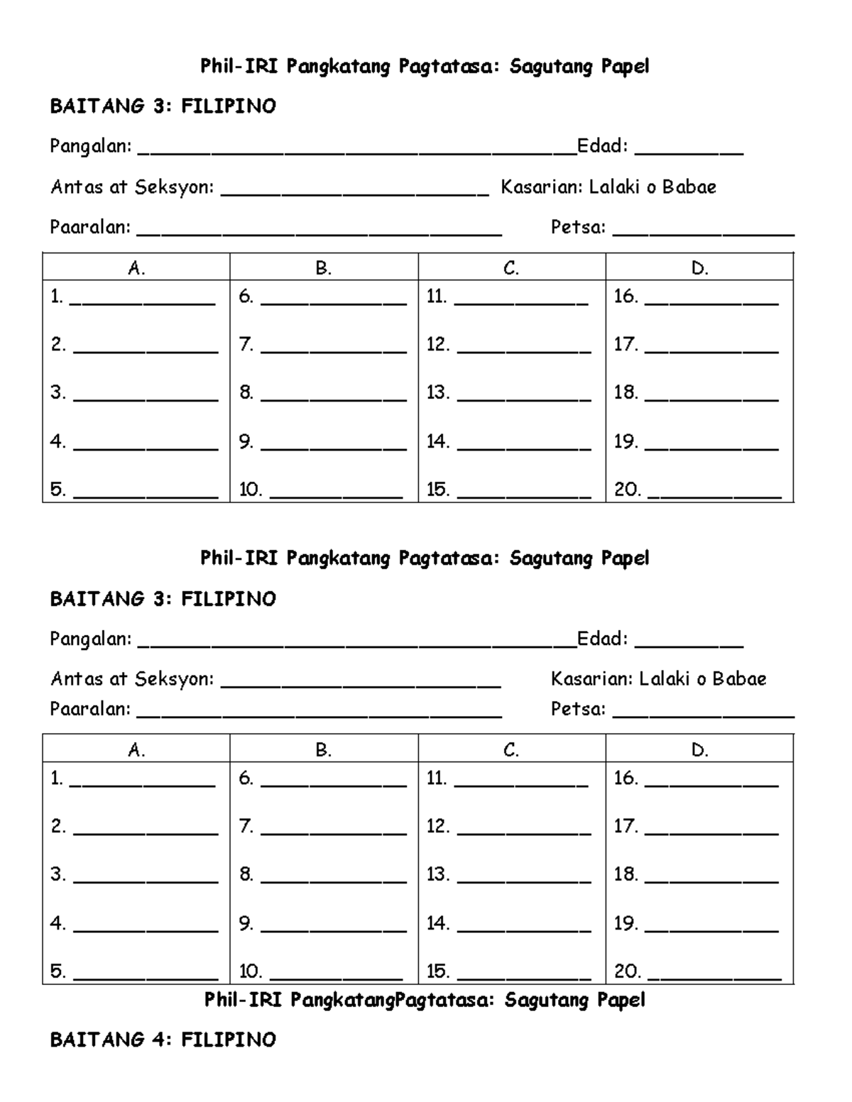 Phil IRI Group Screening & Answer Sheet: Grades 3 to 6 Filipino ...