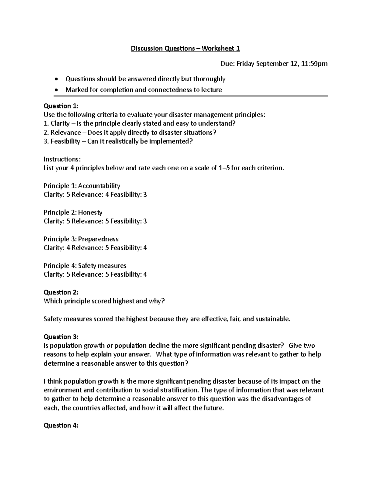 Discussion Question Worksheet 1: Evaluating Disaster Management ...