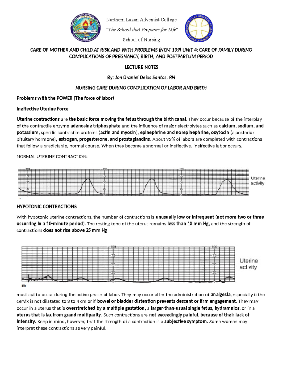NCM 109 Lecture Notes: Nursing Care During Labor & Birth Complications ...