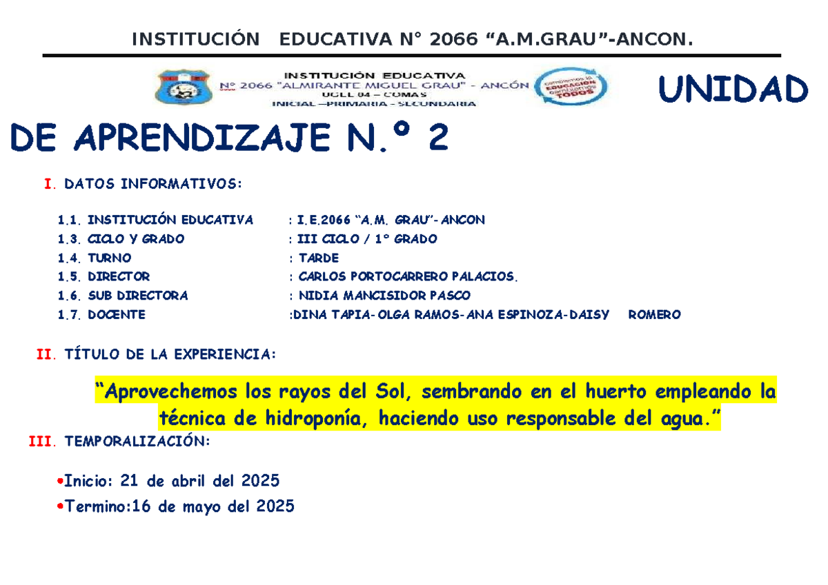 2° Unidad DE Aprendizaje - 2025 - UNIDAD DE APRENDIZAJE N.º 2 I. DATOS ...