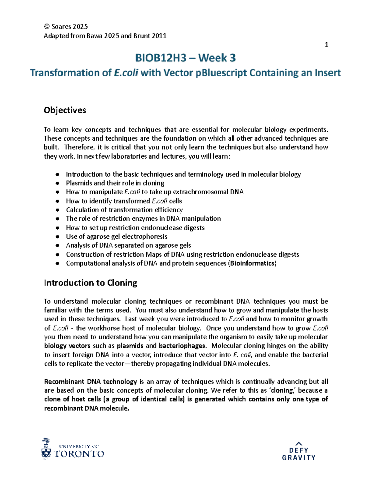 Laboratory Exercise - Week 3: Molecular Cloning Techniques (BIO 2025 ...