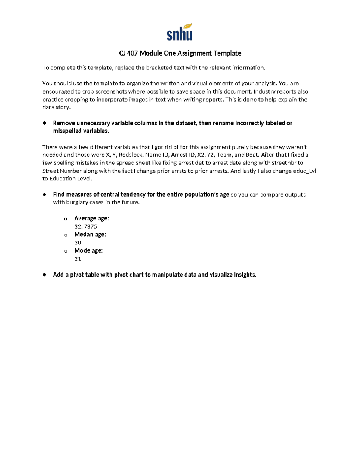 CJ 407 Module 1 Assignment: Data Analysis & Visualization Template ...