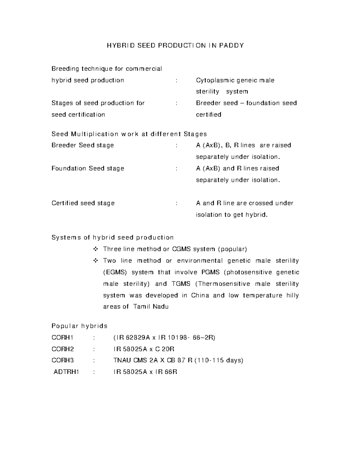 Lecture 6.1: Hybrid Rice Seed Production Techniques and Methods - Studocu