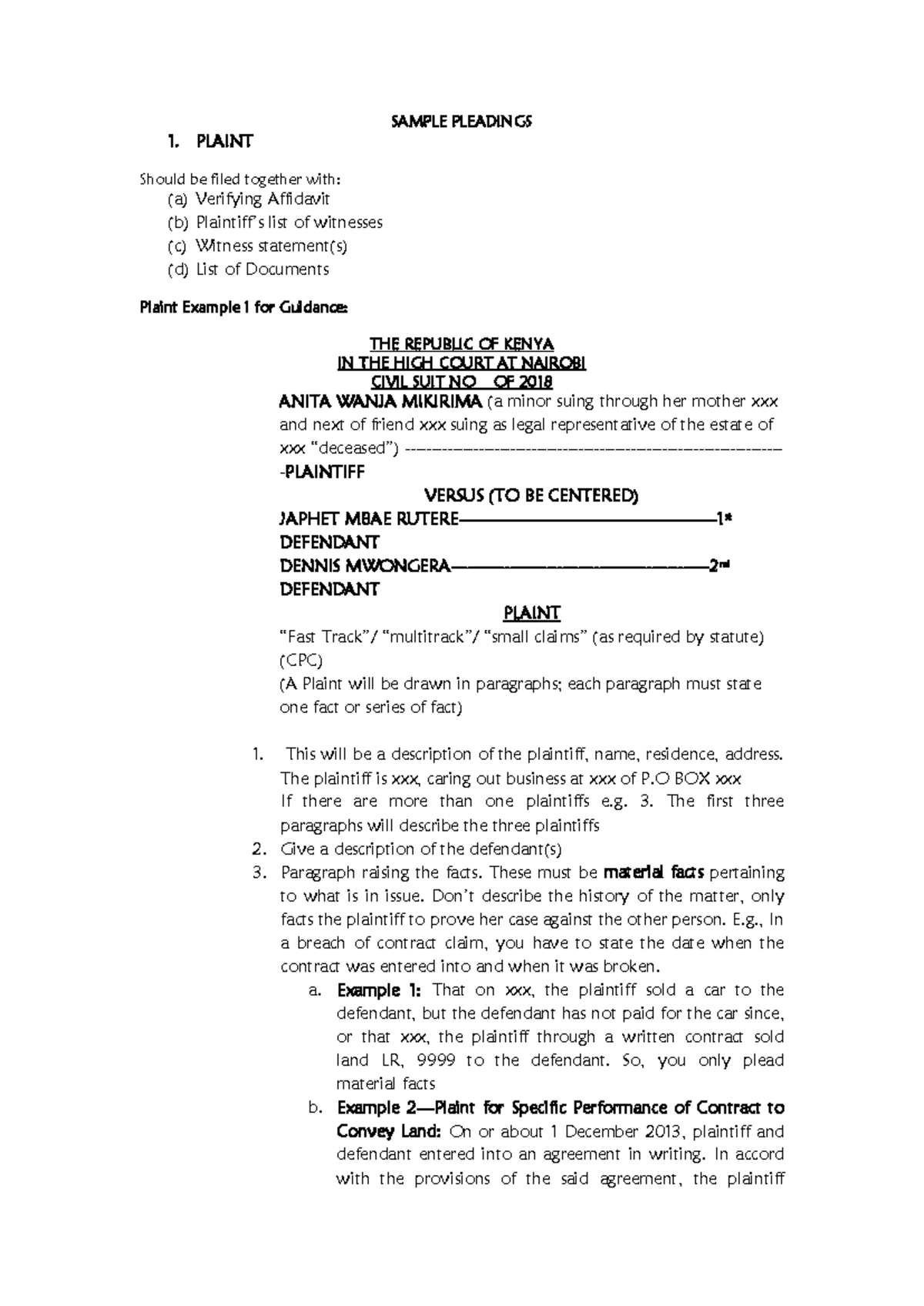 Sample Pleadings for Civil Suit No. 2019 - Legal Guidance - Studocu