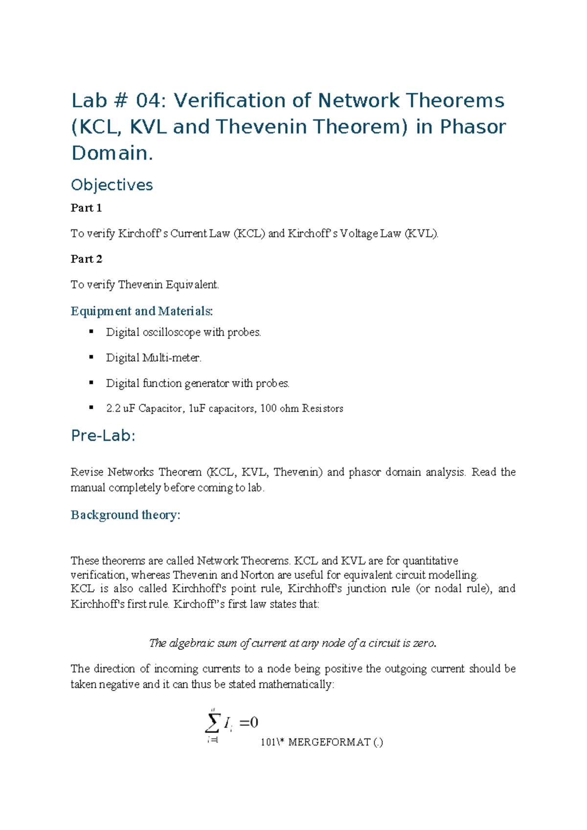 Lab 04: Verification of KCL, KVL & Thevenin Theorem in Phasor Domain ...