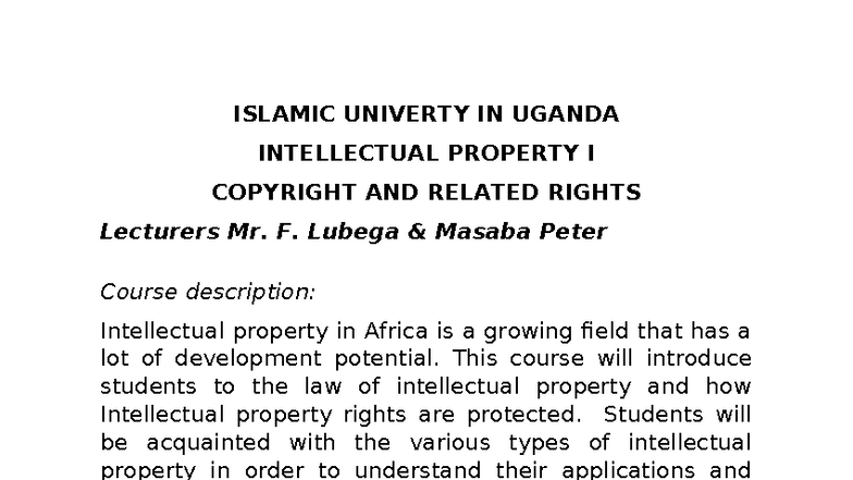 IP 1 - Intellectual Property: Copyright & Related Rights Overview - Studocu
