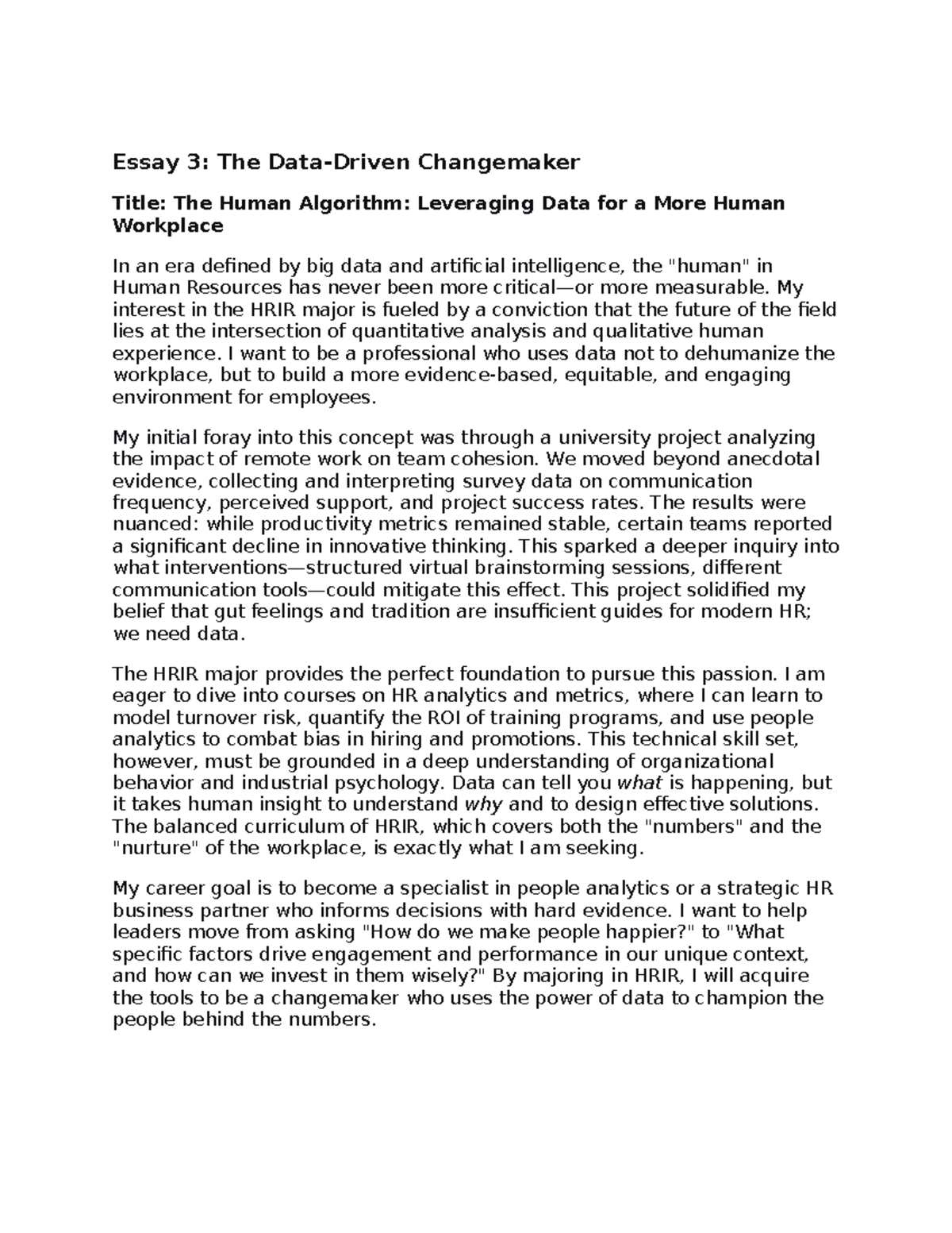 Essay 3: The Human Algorithm in HRIR - Data for a Human Workplace - Studocu