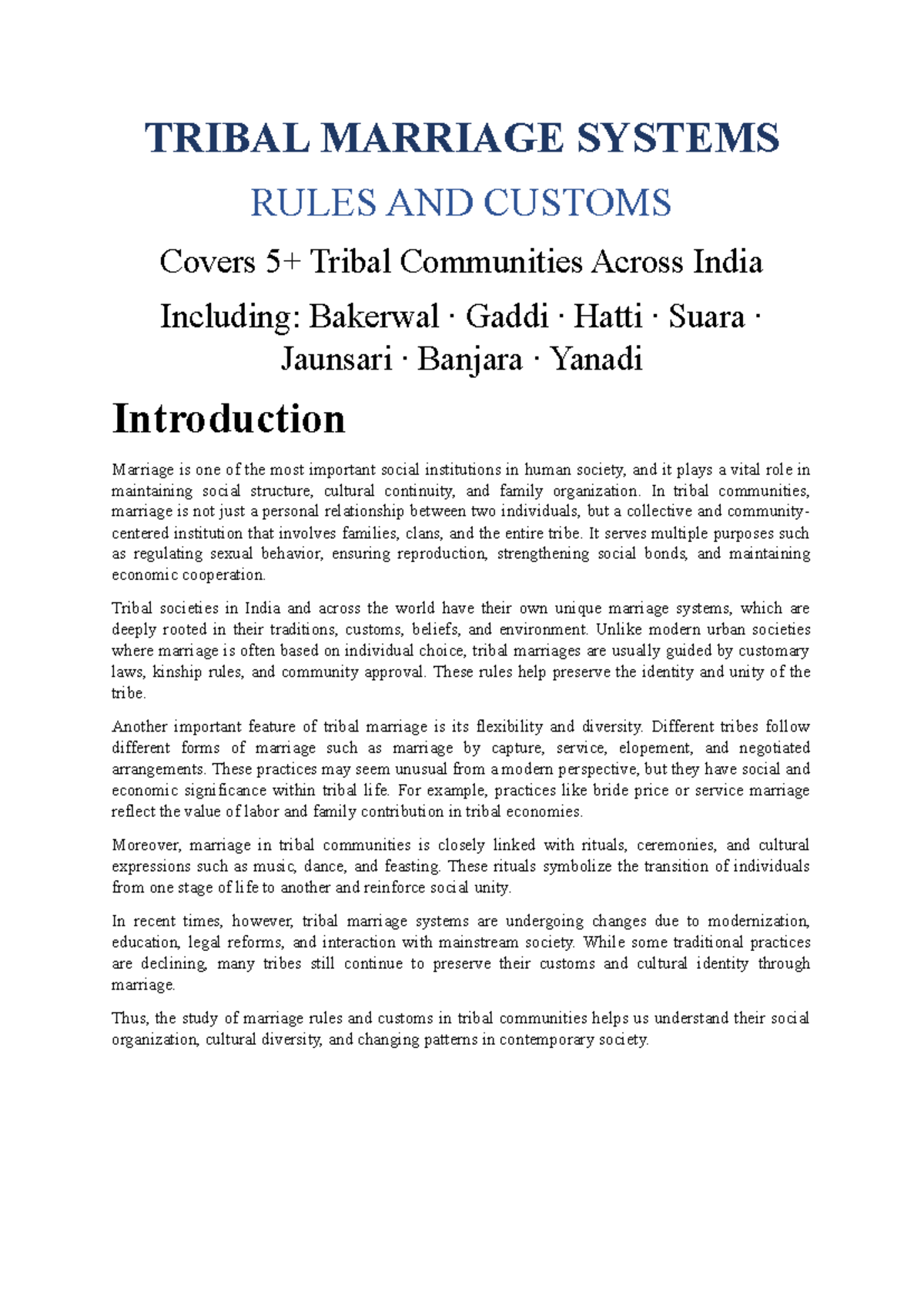 TRIBAL MARRIAGE SYSTEMS IN INDIA: RULES & CUSTOMS OVERVIEW - Studocu