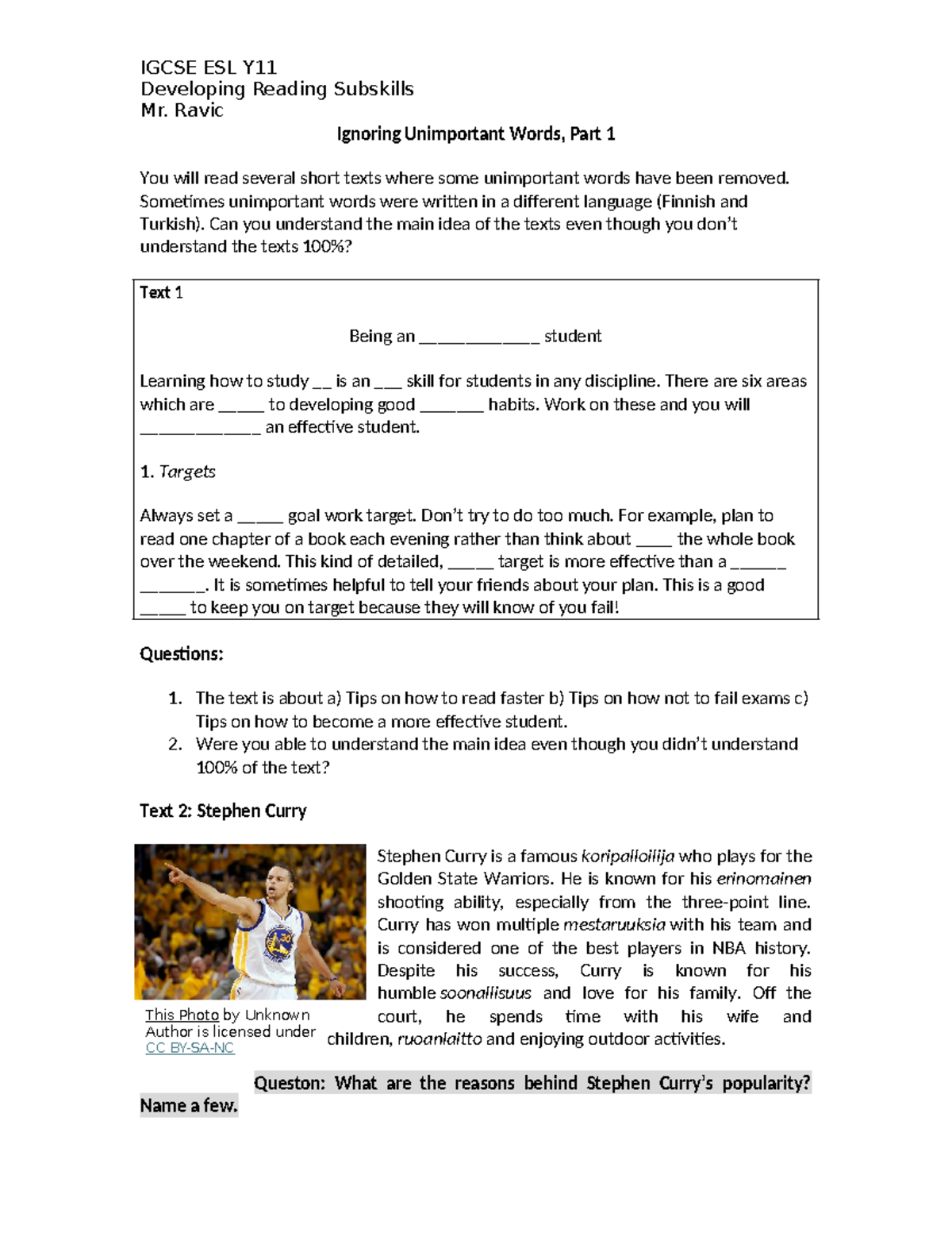 Ignoring unimportant words - Developing Reading Subskills Mr. Ravic ...