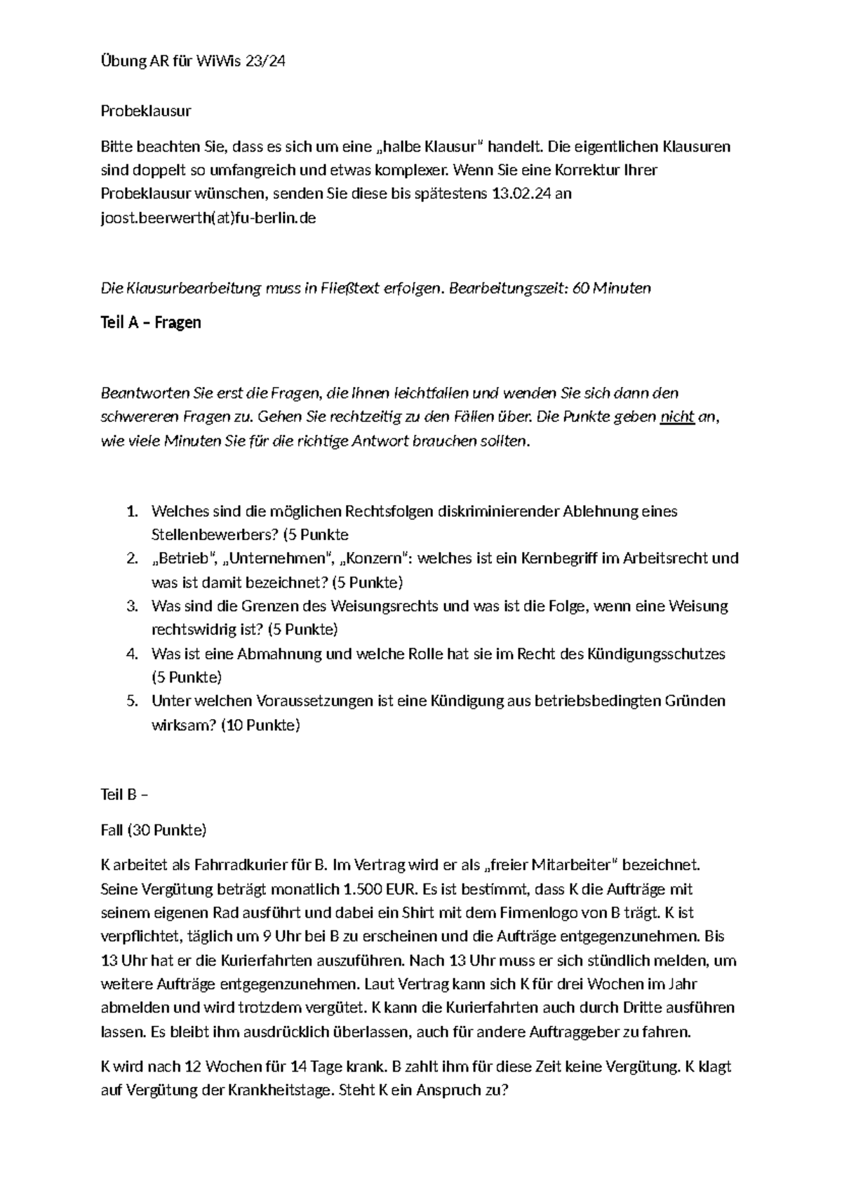 Probeklausur AR für WiWis, Wi Se 23-24: Übungsfragen und Fallanalysen ...