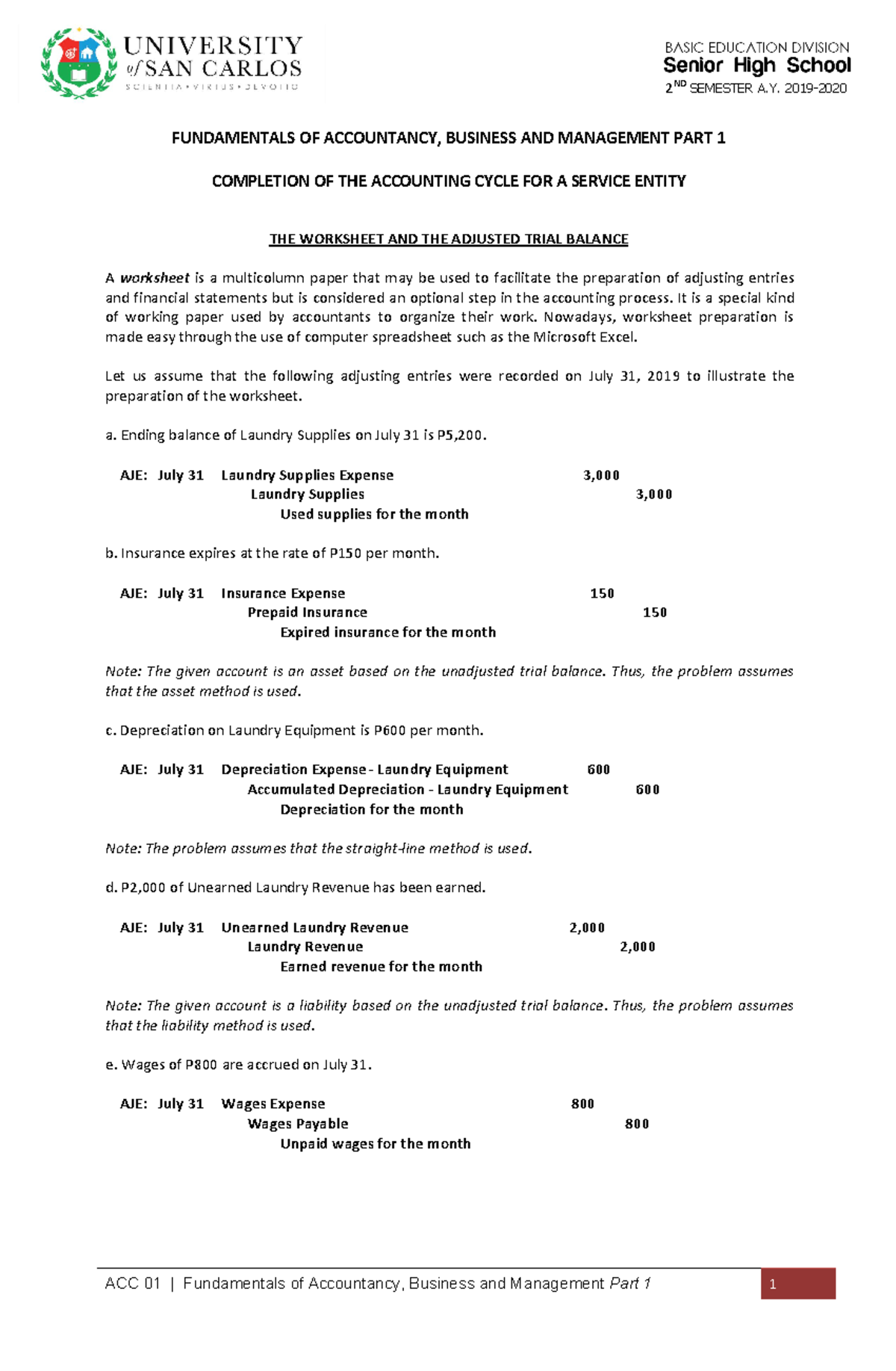 ACC 01 Notes on Completing the Accounting Cycle for Service Entities ...