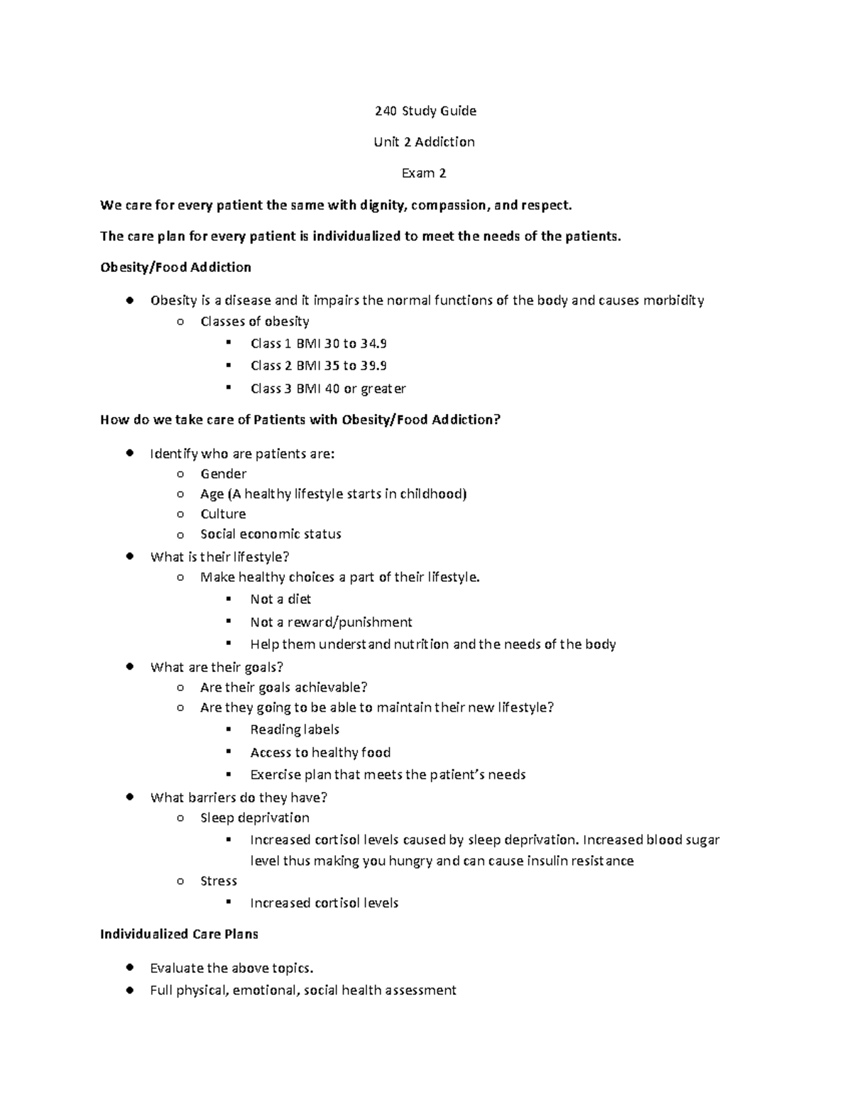 240 Unit 2 SG - Study Guide on Addiction Management and Care Plans ...