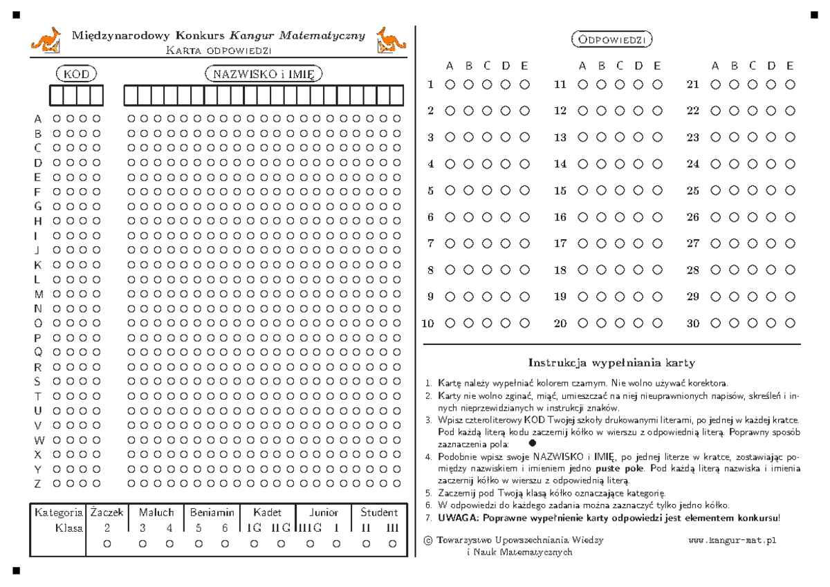 Karta Odpowiedzi Międzynarodowego Konkursu Kangur Matematyczny - Studocu