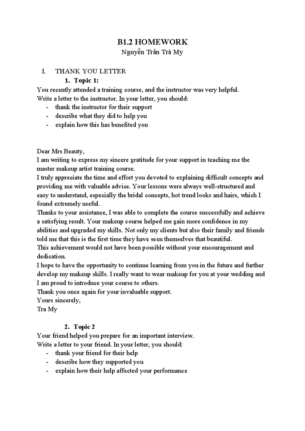 B1.2 Homework: Thank You Letters for Support and Guidance - Studocu