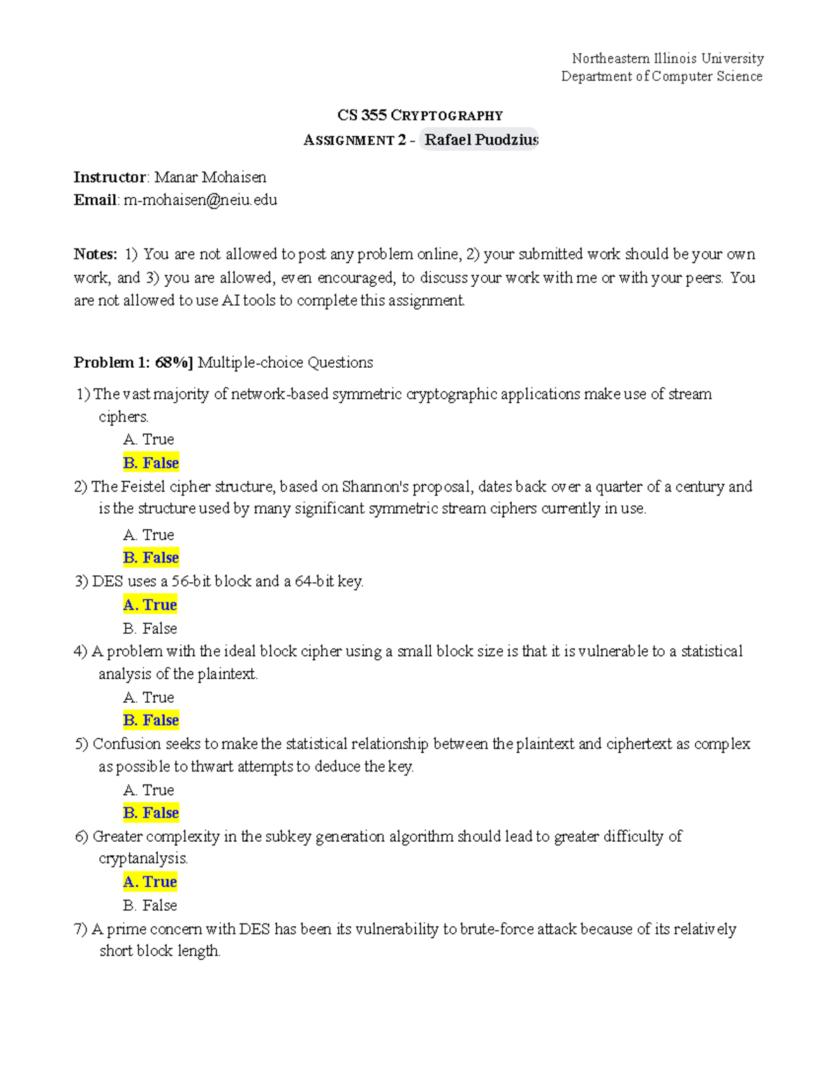 CS 355 Final Exam - Assignment 2 Overview on Cryptography Concepts ...