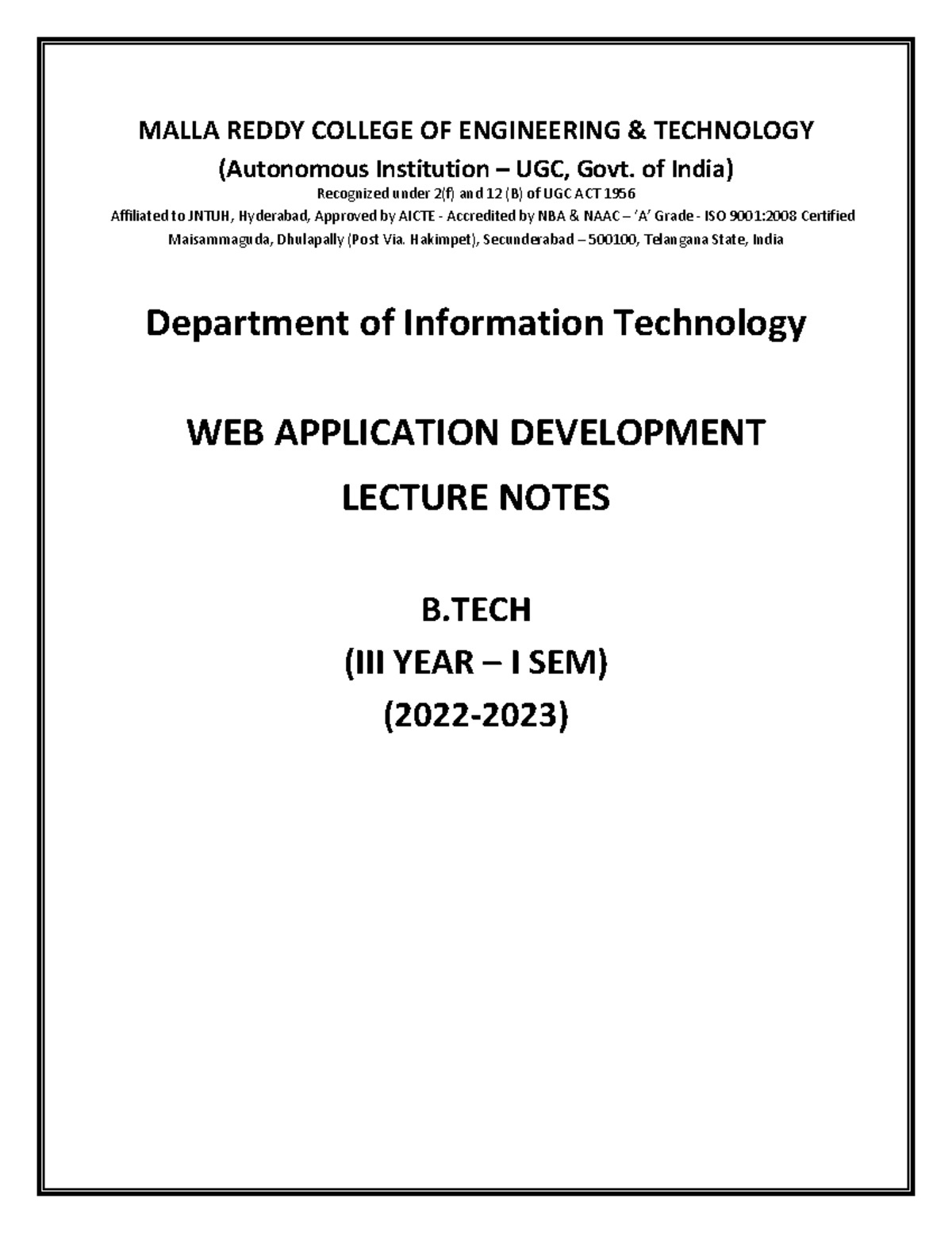 WEB Application Development Lecture Notes (R20A1204) - B III Year I Sem ...
