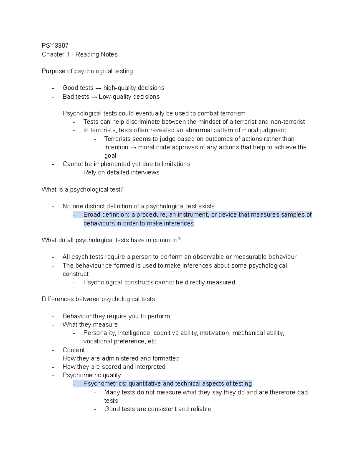 PSY3307 Chapter 1 Reading - PSY Chapter 1 - Reading Notes Purpose of ...
