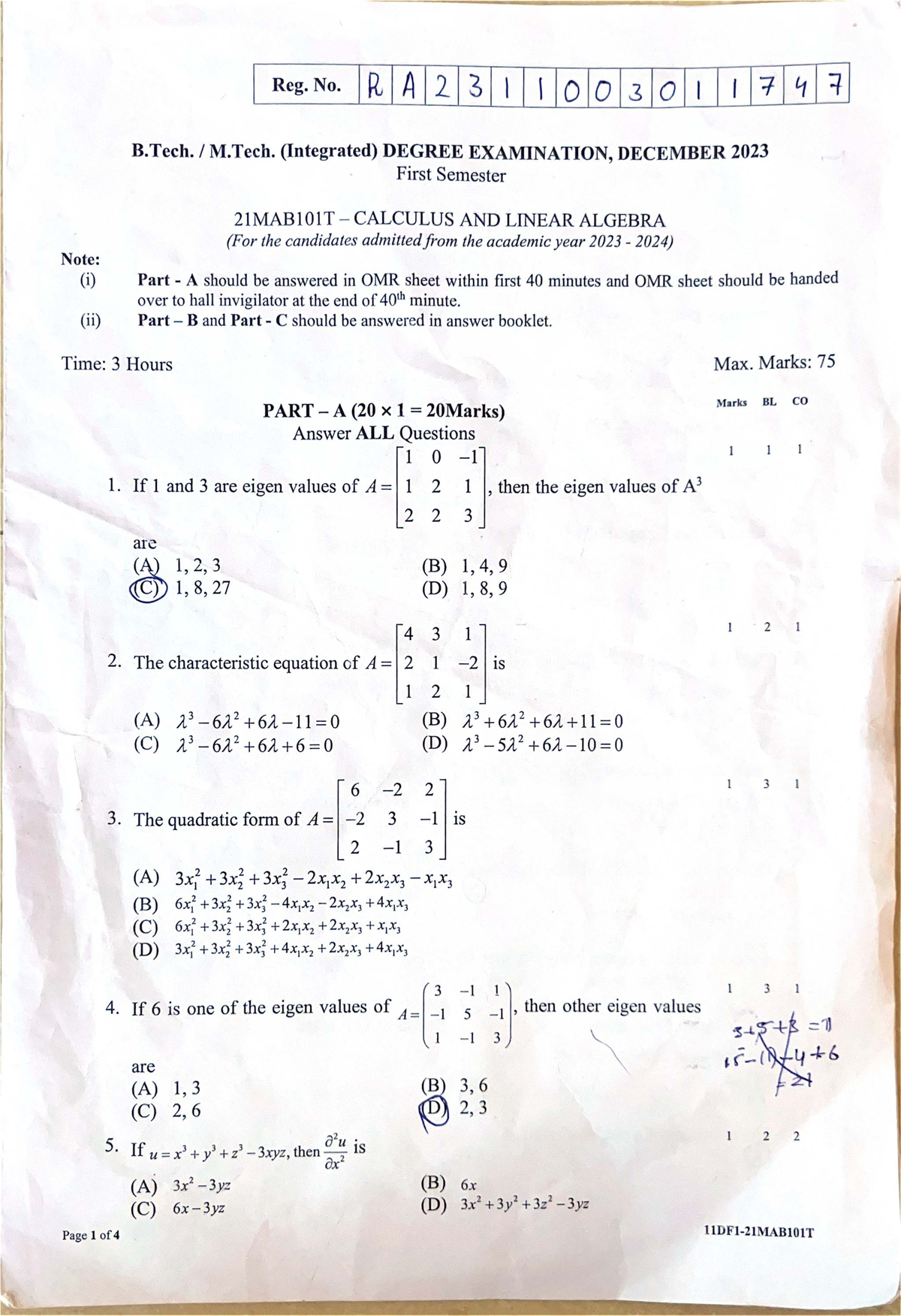 M.Tech. 21MAB101T Calculus & Linear Algebra - Dec 2023 PYQ - Studocu
