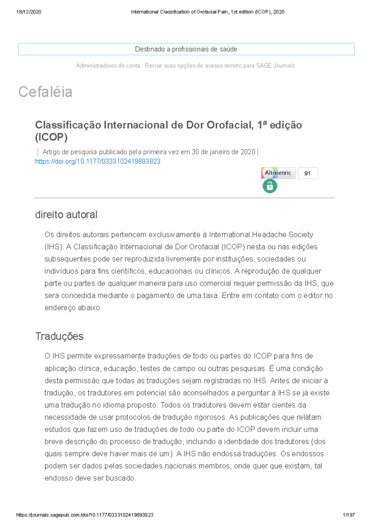 Classificação Internacional da Dor Orofacial (ICOP) - 1ª Edição, 2020 ...