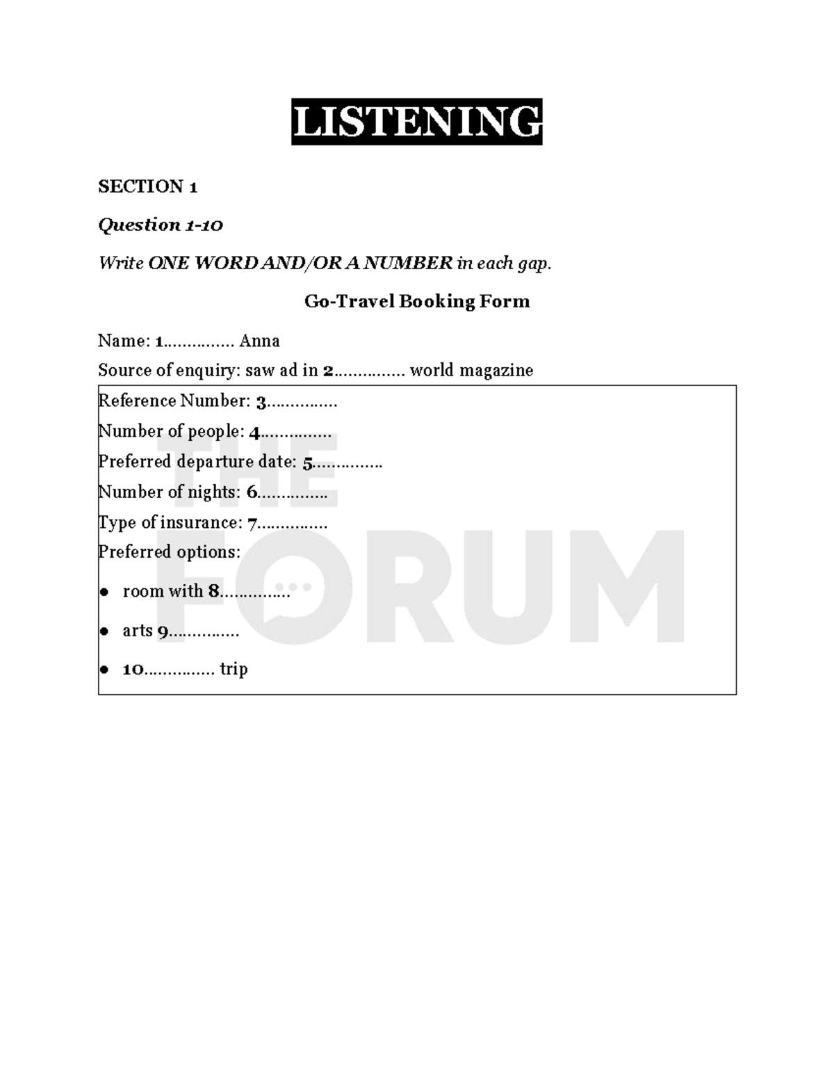 Listening Section W47: Form Completion & Multiple Choice - Studocu