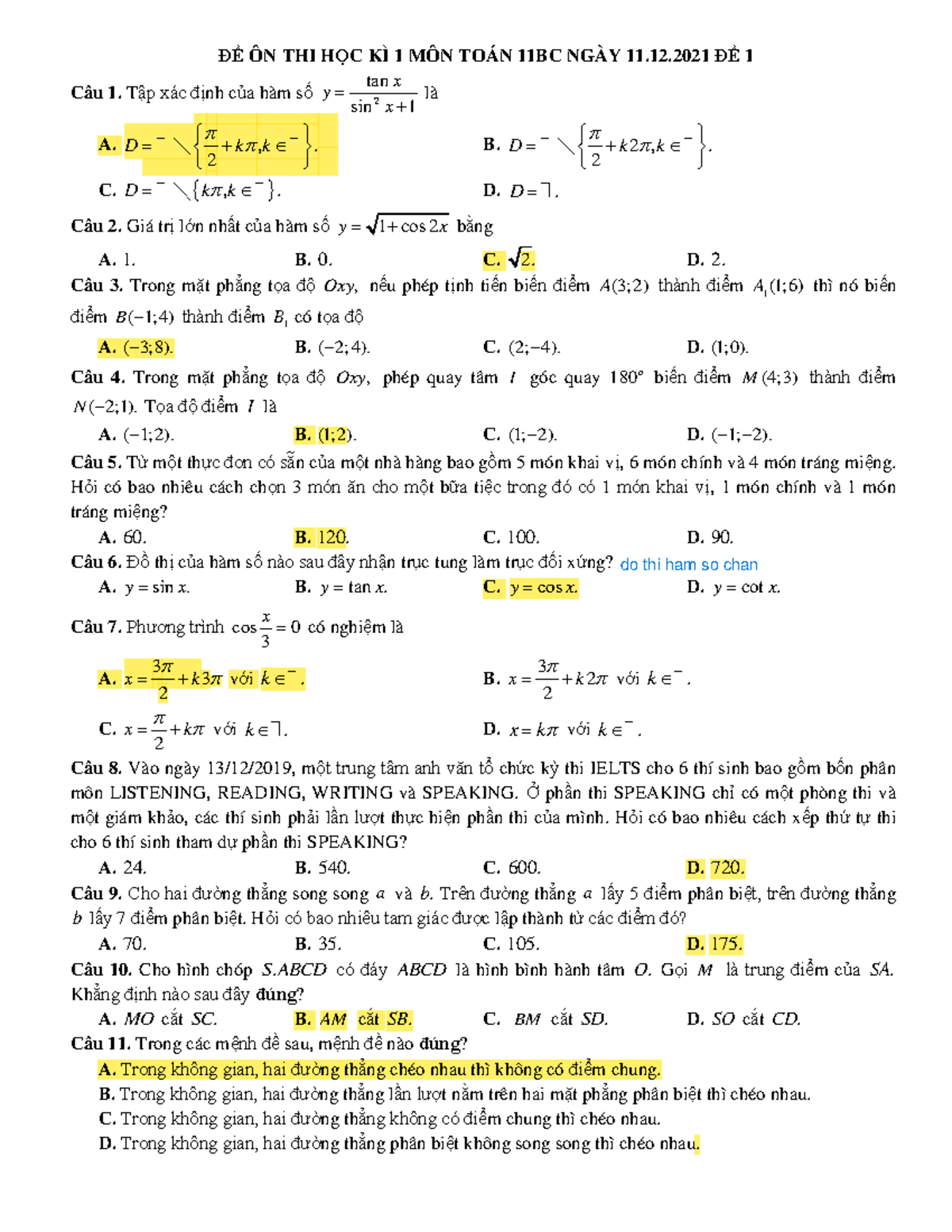 ĐỀ ÔN THI HỌC KÌ 1 MÔN TOÁN 11BC - TỔNG HỢP CÁC CÂU HỎI ÔN TẬP - Studocu