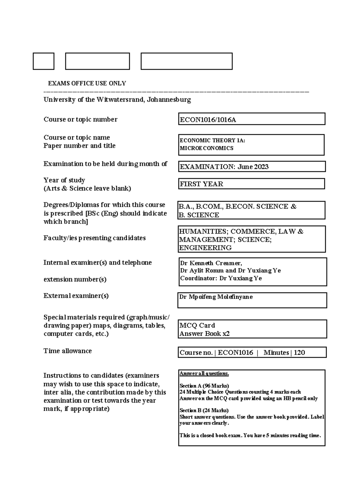 ECON1016 Final Exam 2023: Microeconomics Question Paper - Studocu