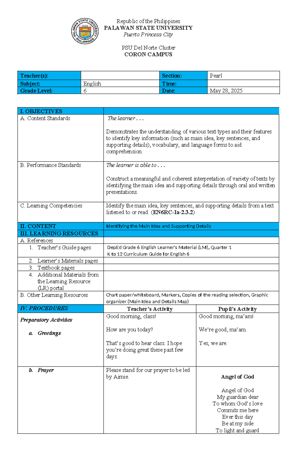 DLP-ENG: Main Idea & Supporting Details for Grade 6 English - Studocu