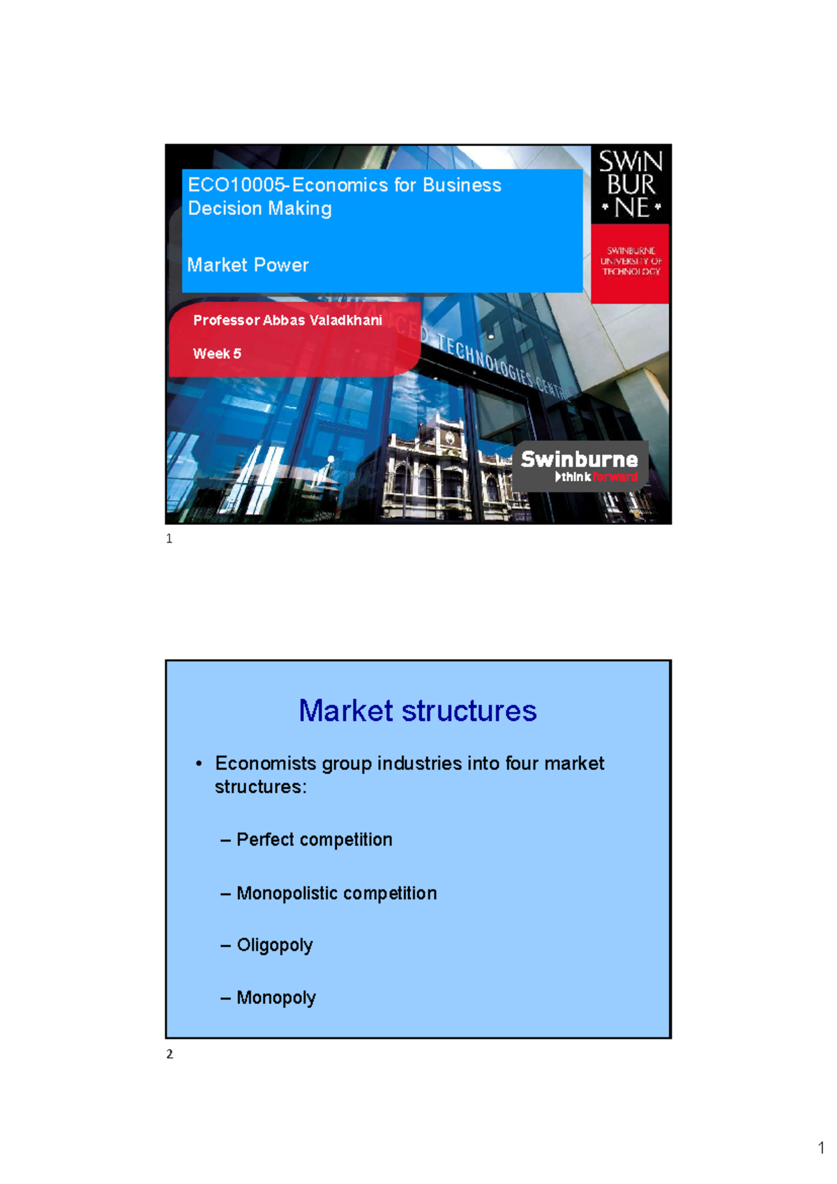 Lecture 5: Market Structures and Power in Economics (ECO10005) - Studocu