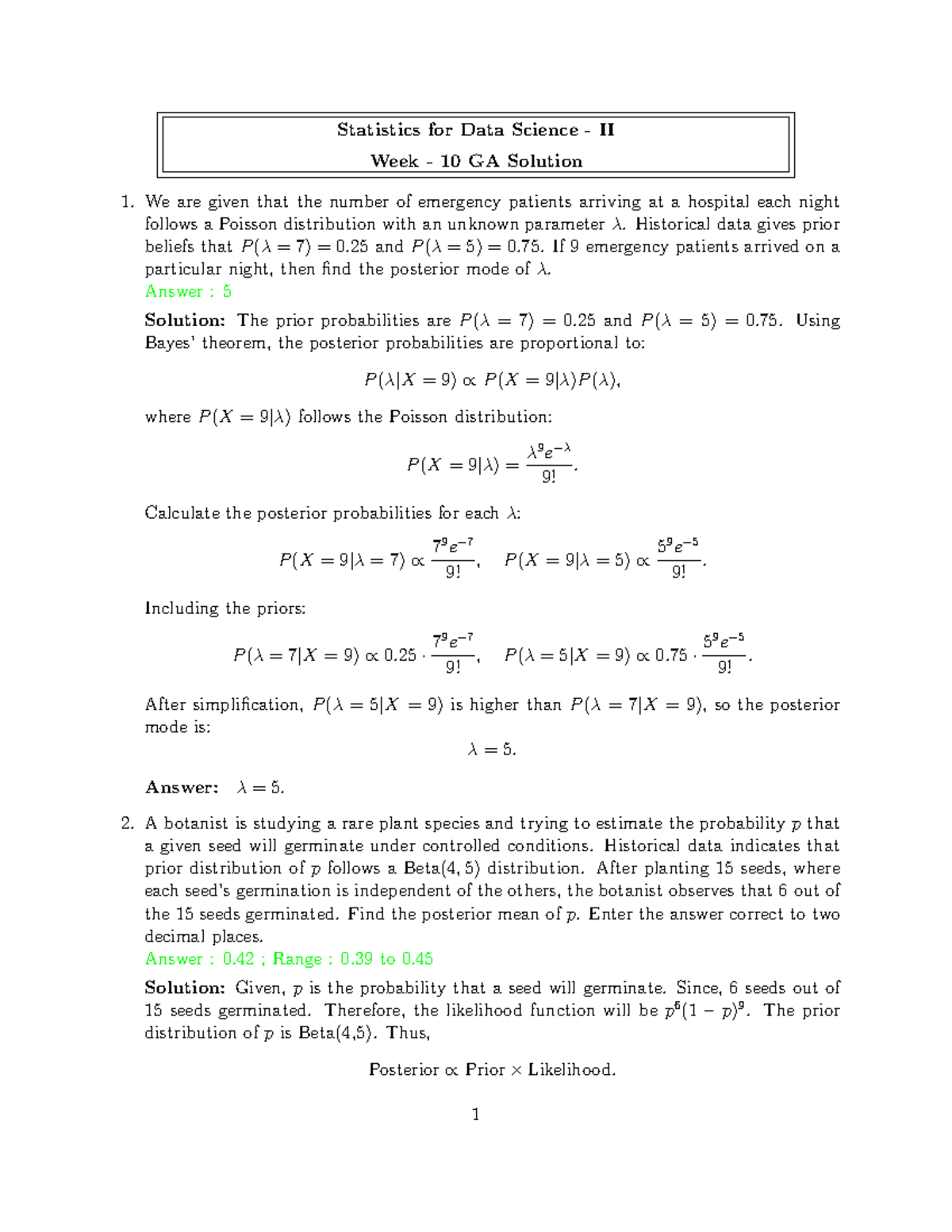 Statistics for Data Science II Week 10 GA Solutions and Explanations ...