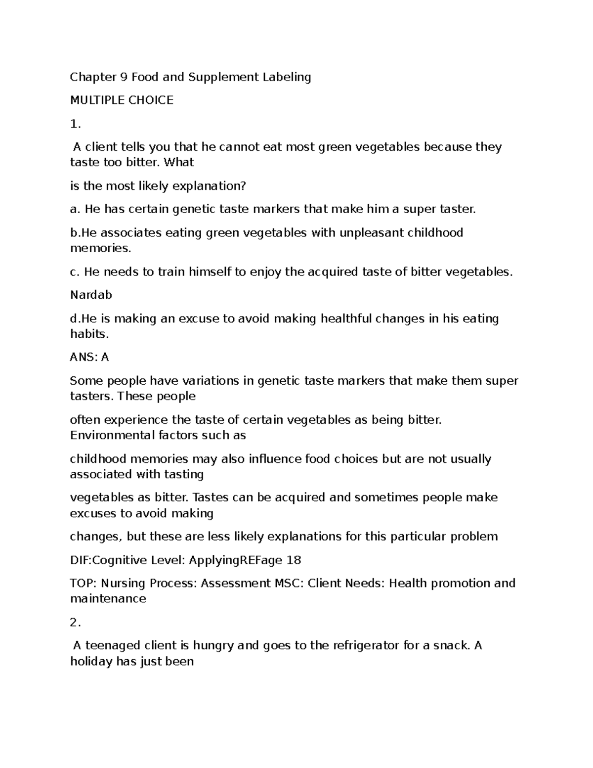 Chapter 9: Food and Supplement Labeling - Multiple Choice Questions ...