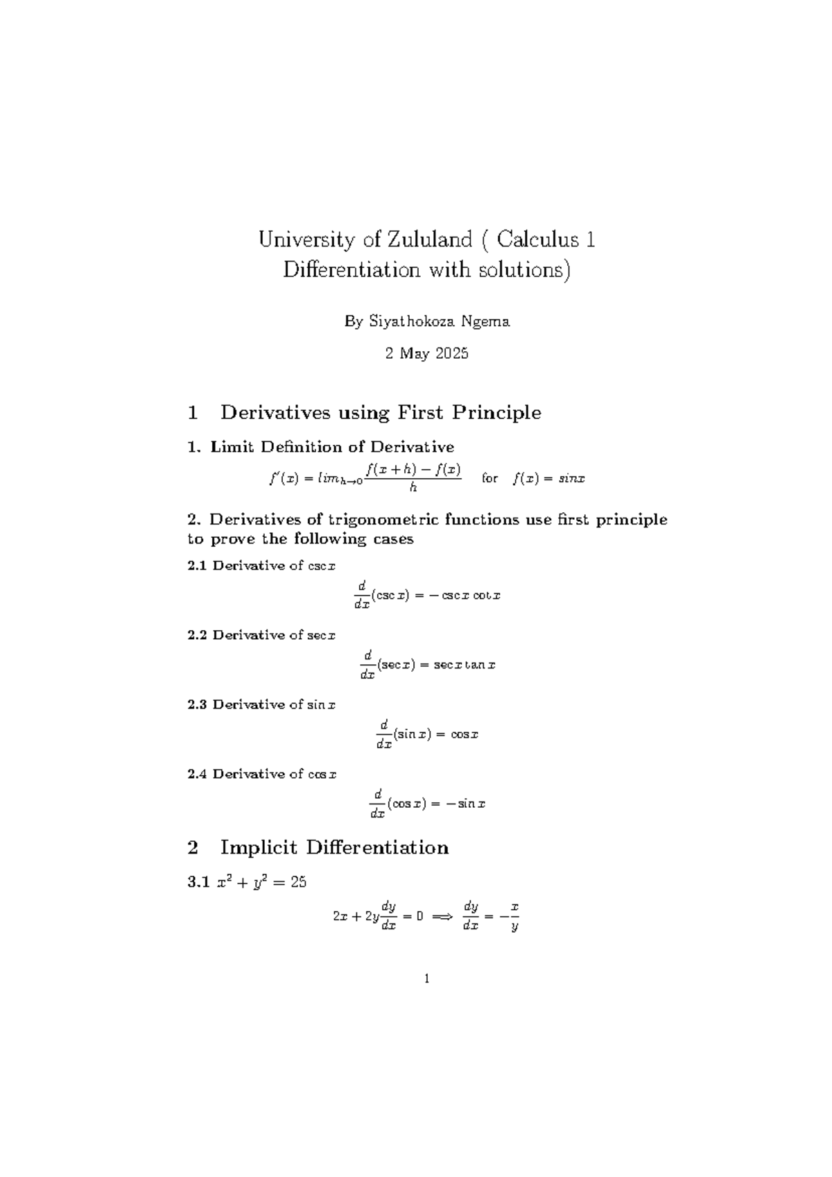 Calculus 1: Differentiation Techniques and Solutions by Mr. Ngema - Studocu