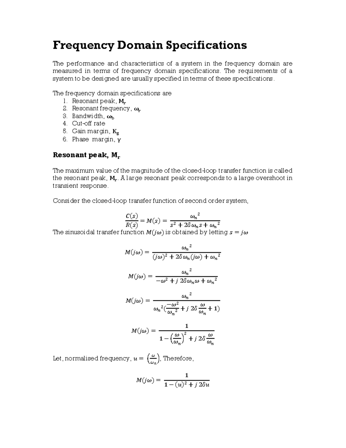 Frequency Domain Specifications: Key System Performance Metrics - Studocu