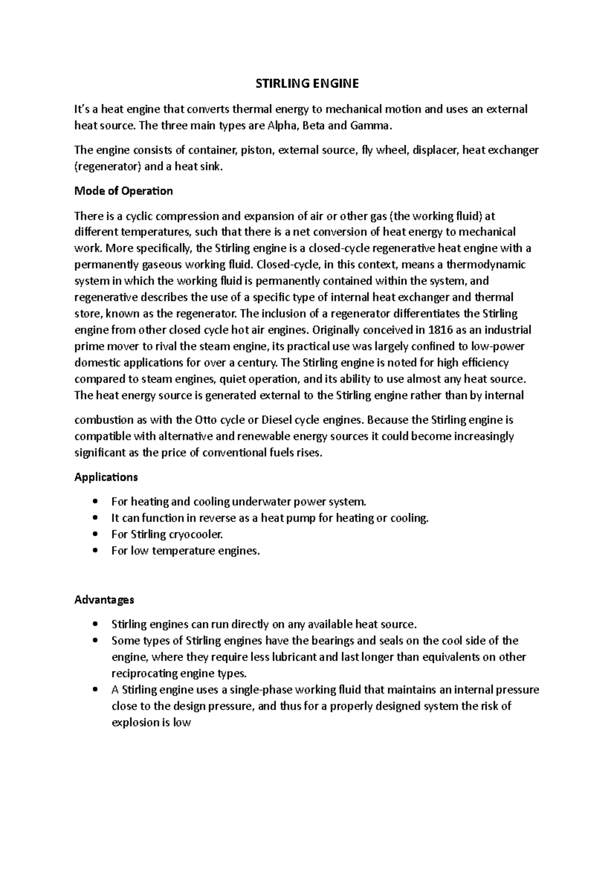 Stirling Engine assignment - STIRLING ENGINE It’s a heat engine that ...