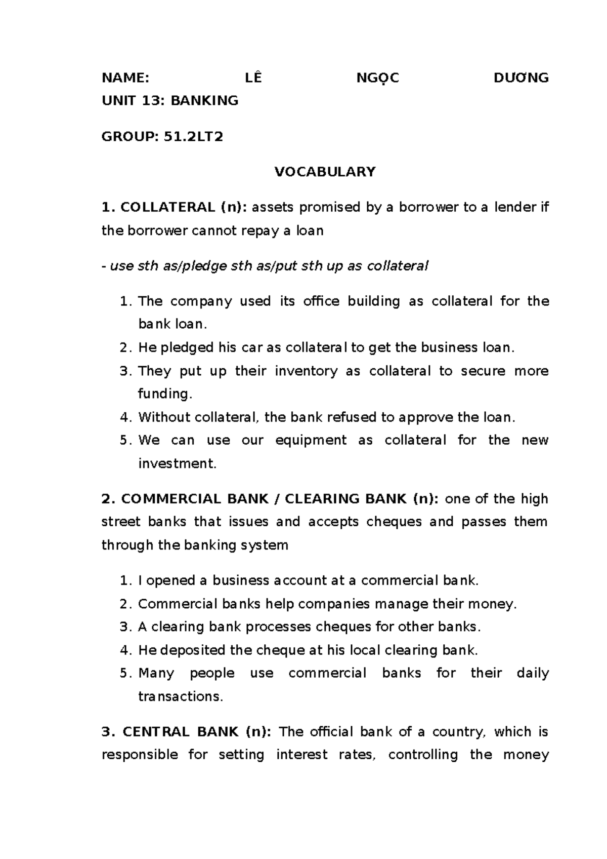 Unit 13 Vocabulary: Banking Terms for Group 51.2LT2 - Studocu