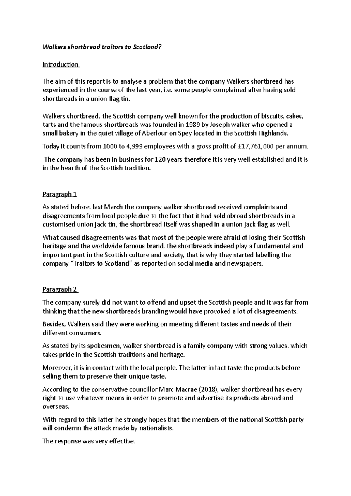 Report - Walkers shortbread traitors to Scotland? Introduction The aim ...
