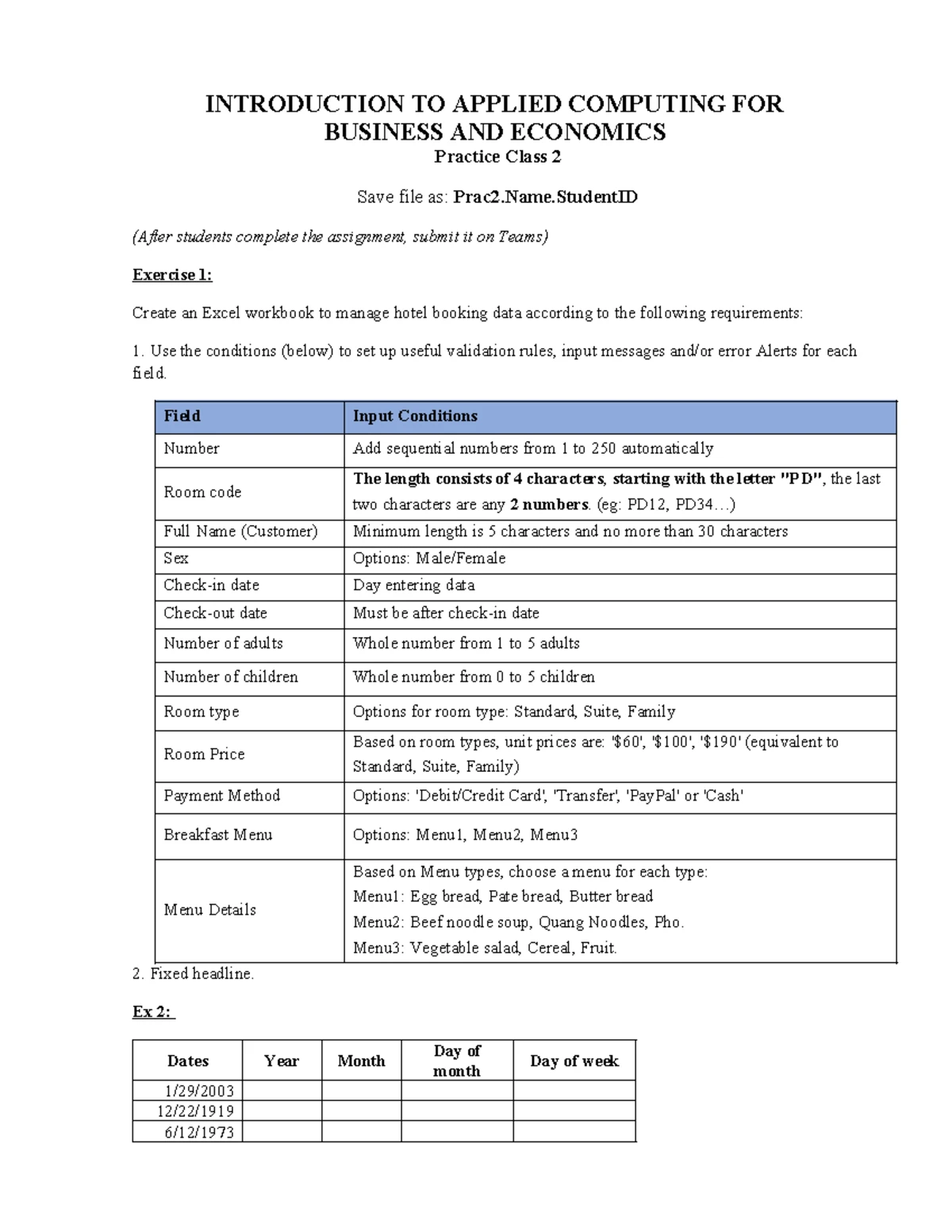 EM2301E Practical Class 3: Basic Excel Functions for Business ...