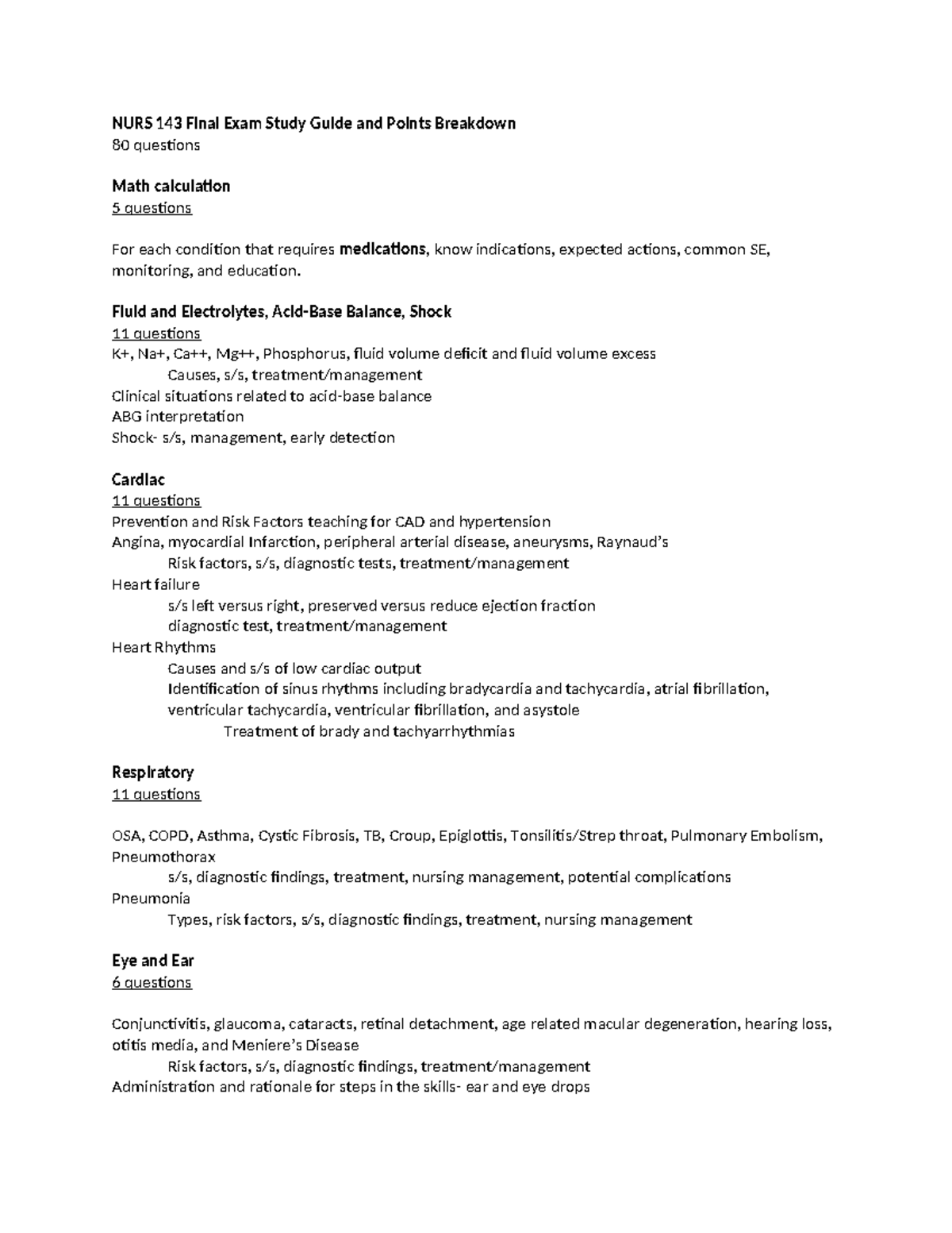 NURS 143 Final Exam Study Guide: Key Topics & Points Breakdown - Studocu