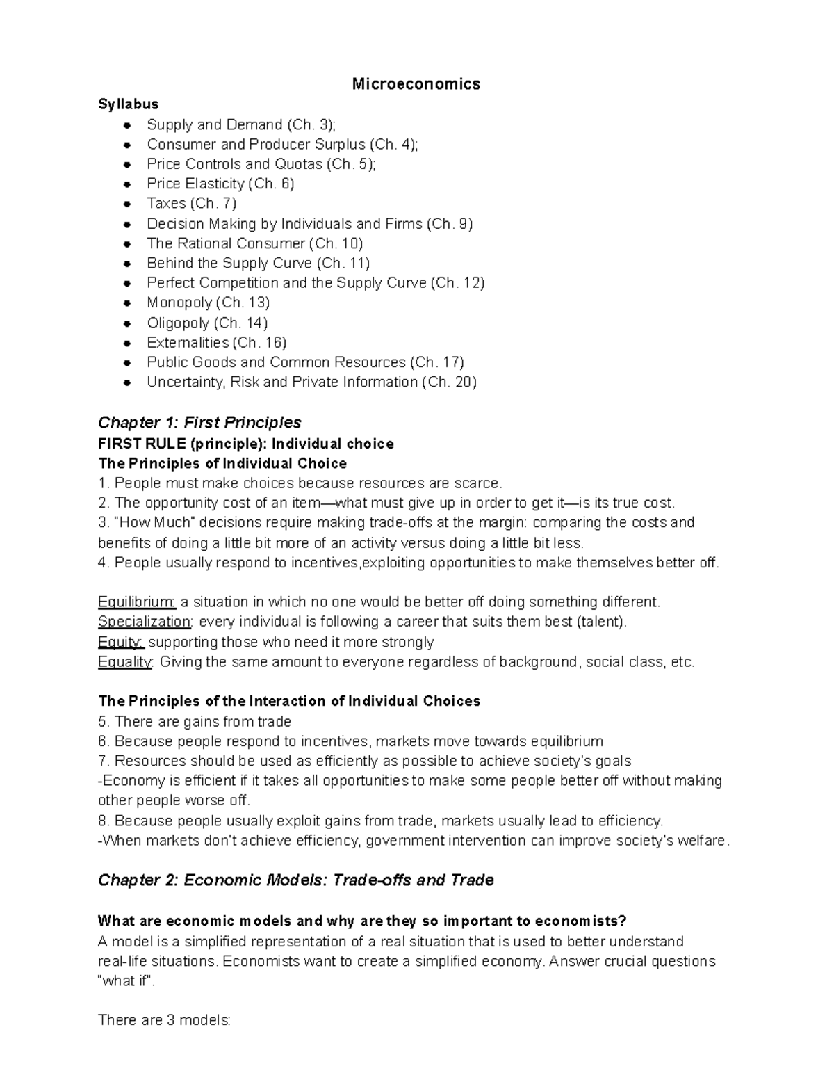 Microeconomics Syllabus (ECON 101): Key Concepts and Chapters Overview ...