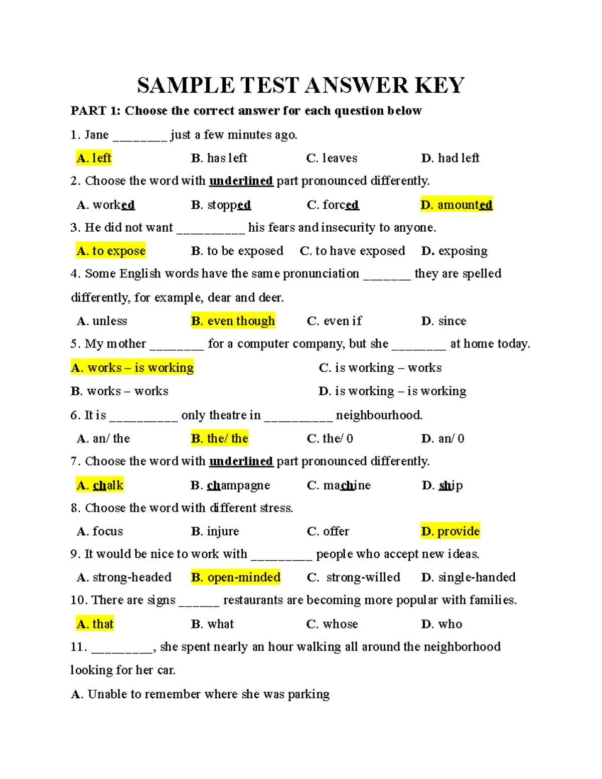 English Language Test Answer Key: Sample Questions and Solutions (03) - Studocu