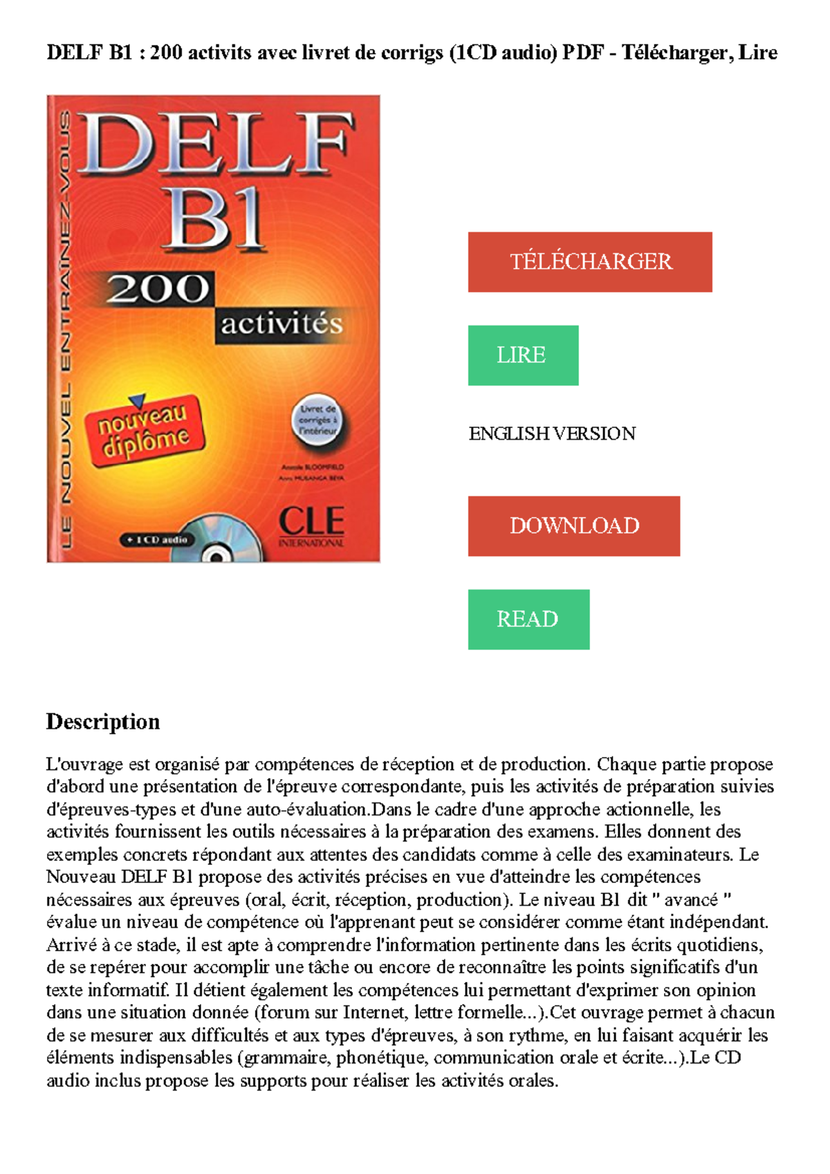 DELF B1 : 200 Activités avec Livret de Corrigés (1CD Audio) PDF ...