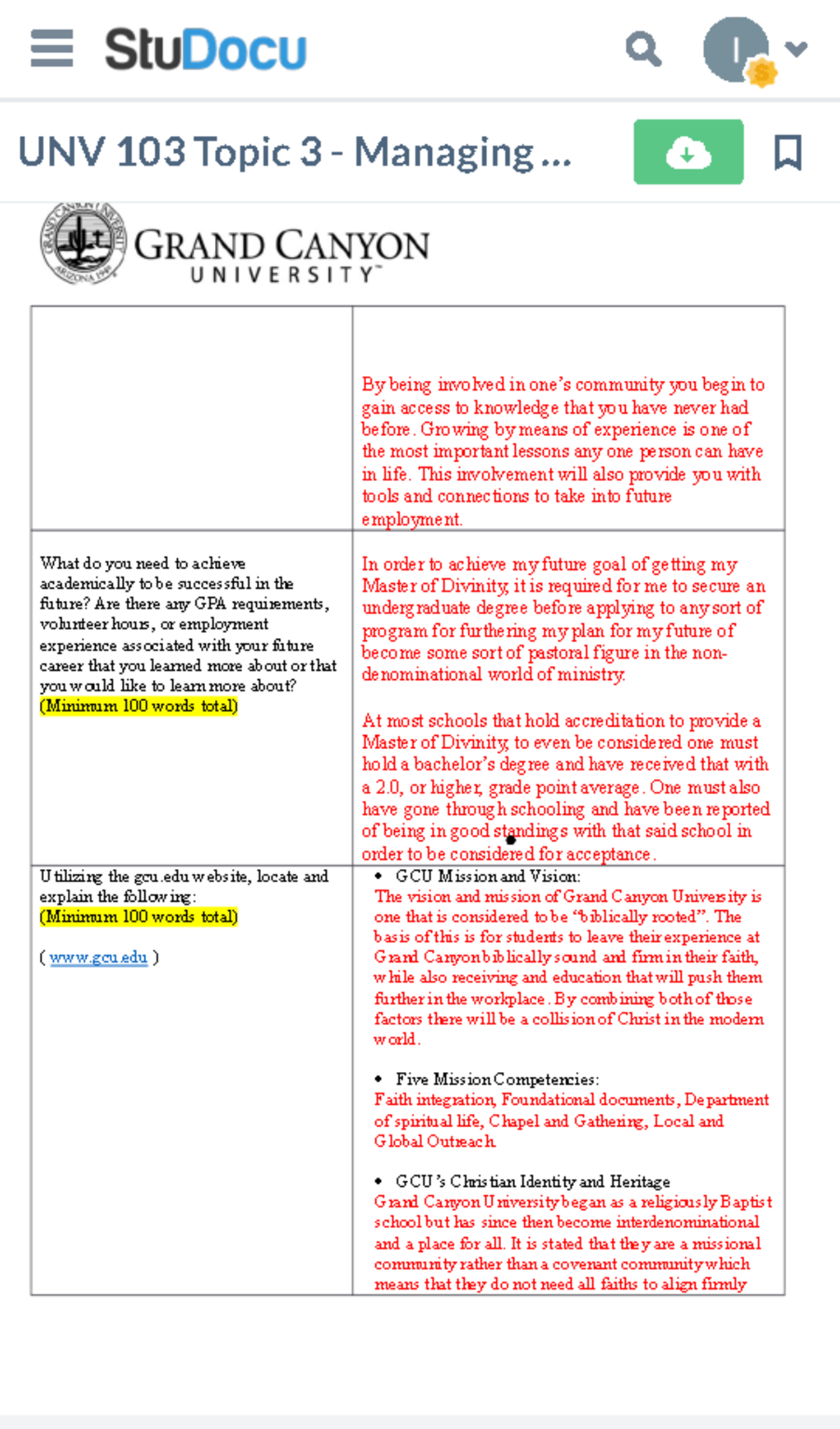 UNV 103 - Topic 3 Managing GCU Experience Worksheet Example - Studocu