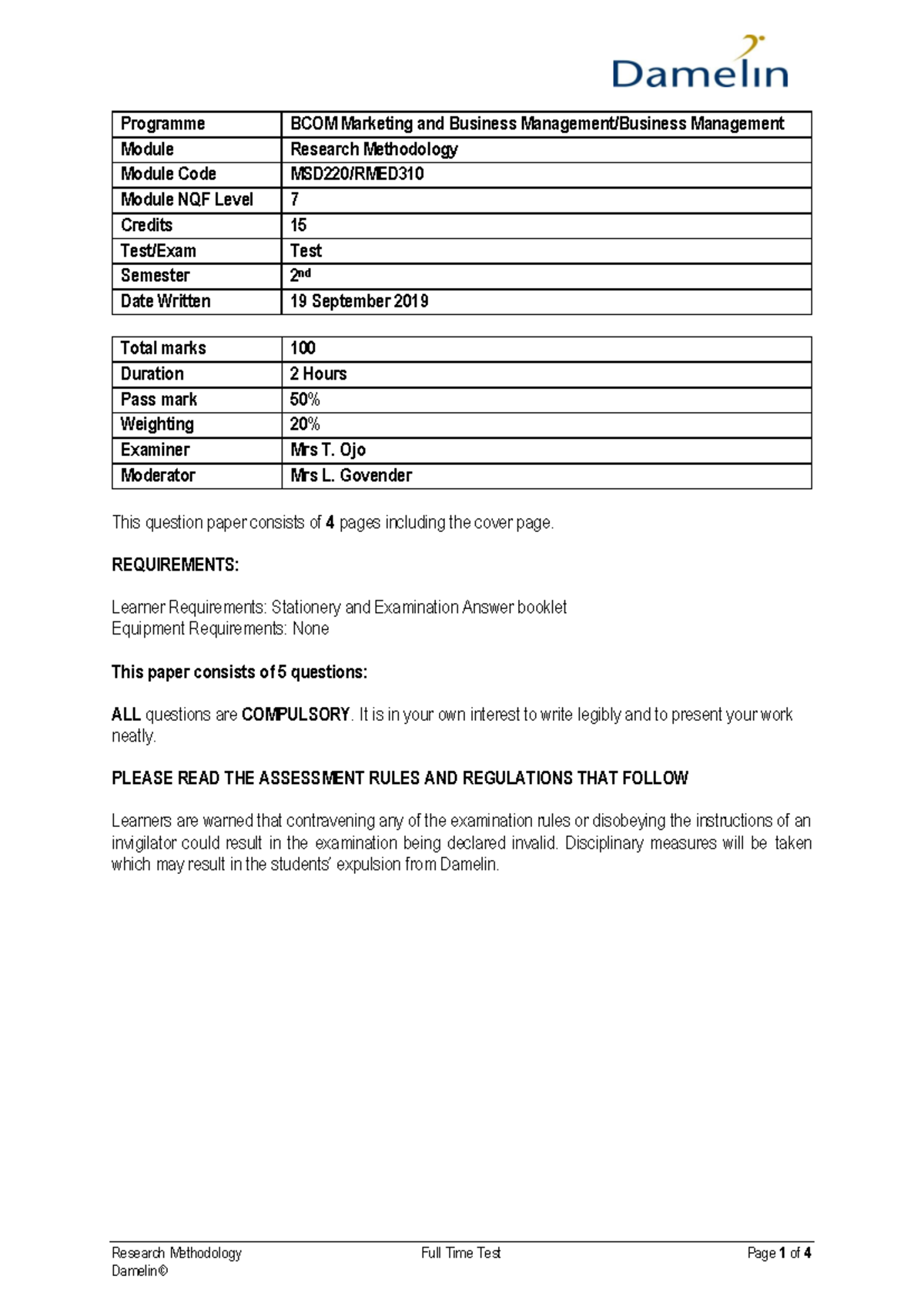 Research Methodology Test MSD220: Final Exam September 2019 - Studocu
