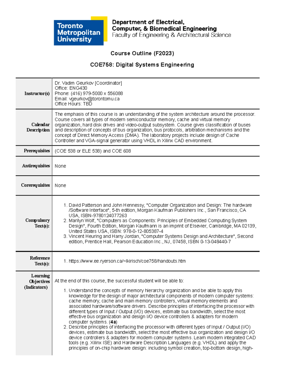 COE718 Course Outline: Embedded Systems Design (F2024) - Studocu
